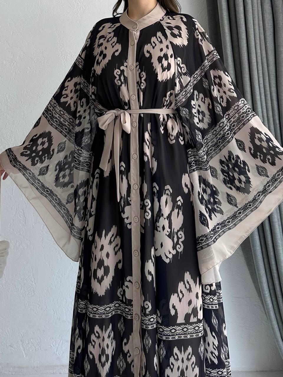 Krem Etnik Desen Liya Abaya Takım 