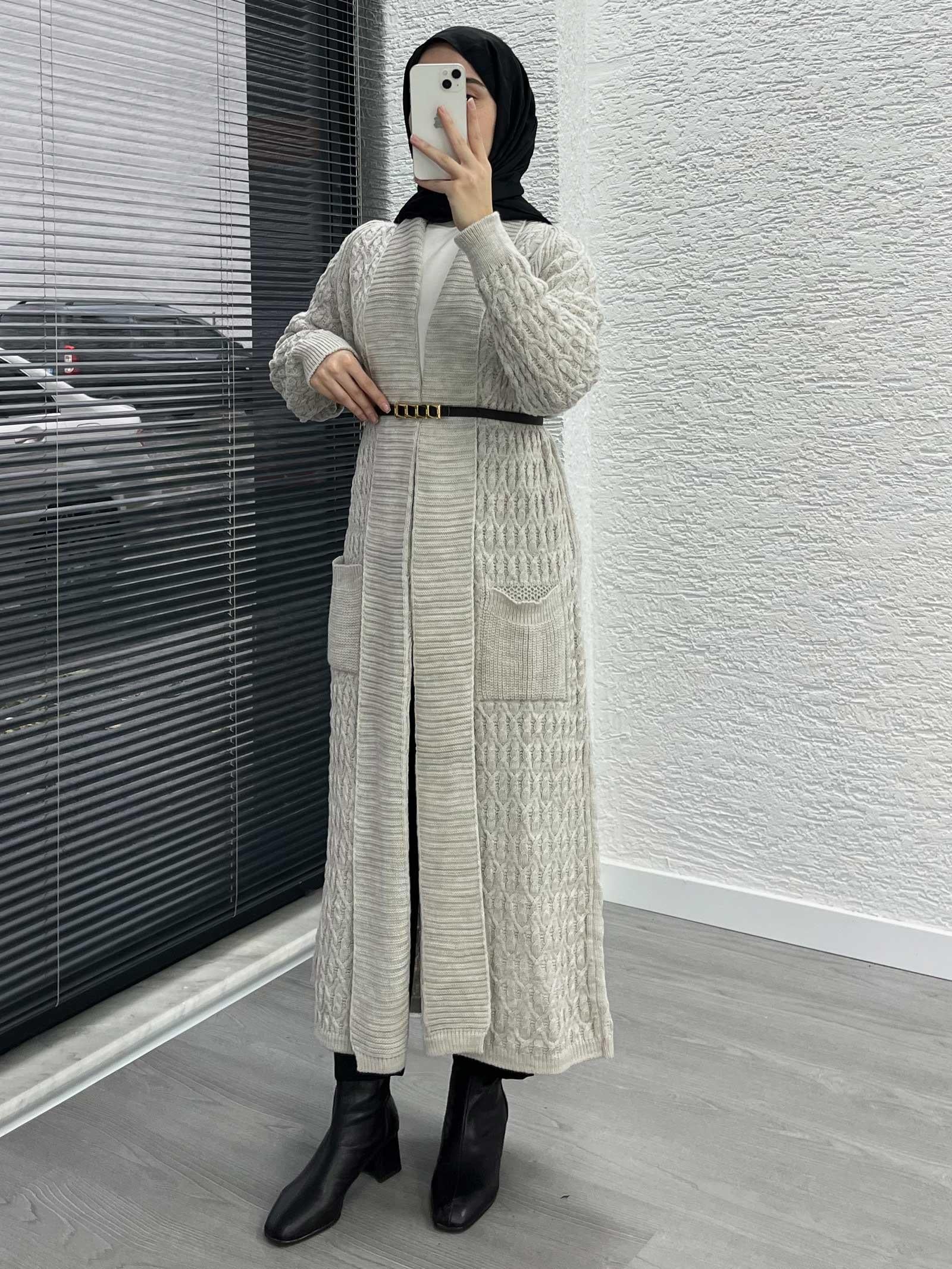 Krem Örgü Desenli Uzun Triko Hırka