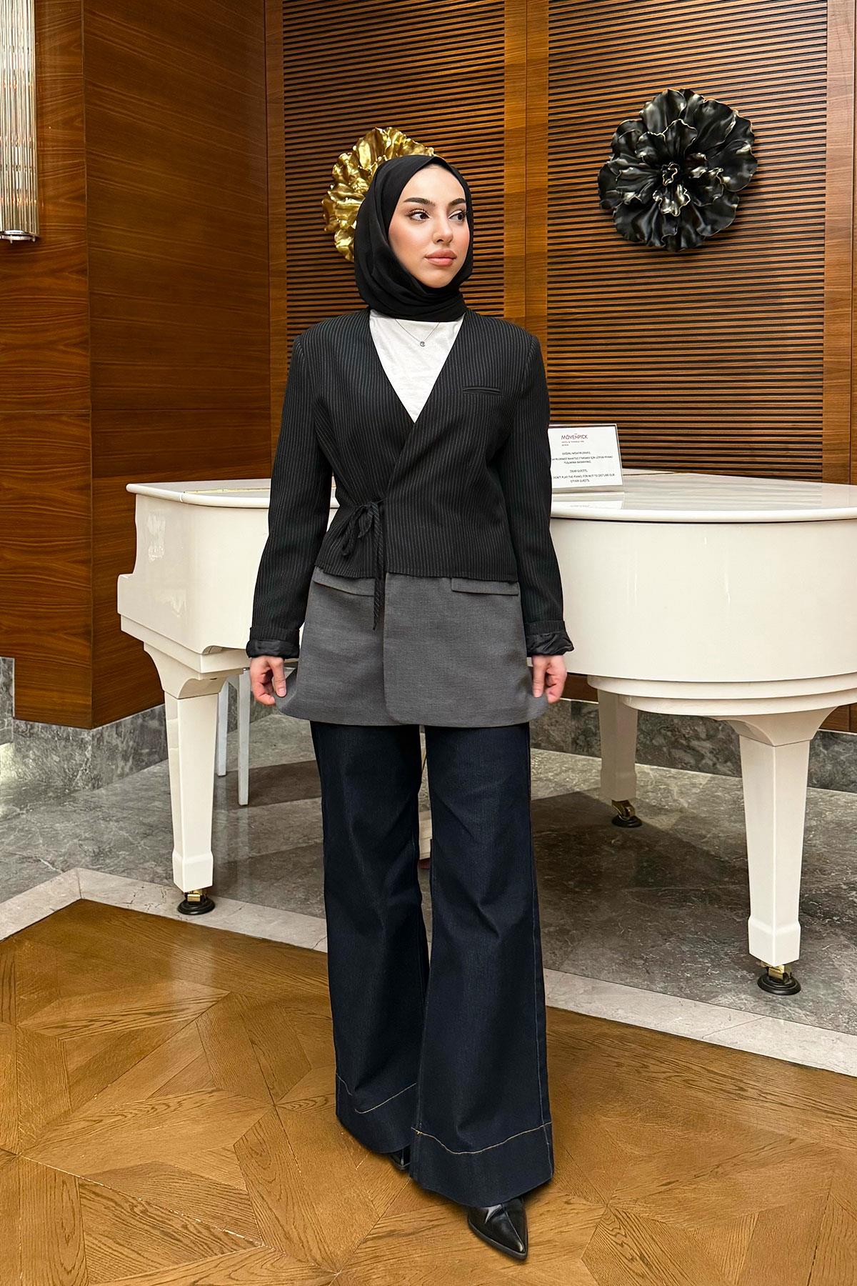 Kruvaze Yaka Blazer Kadın Ceket -Siyah