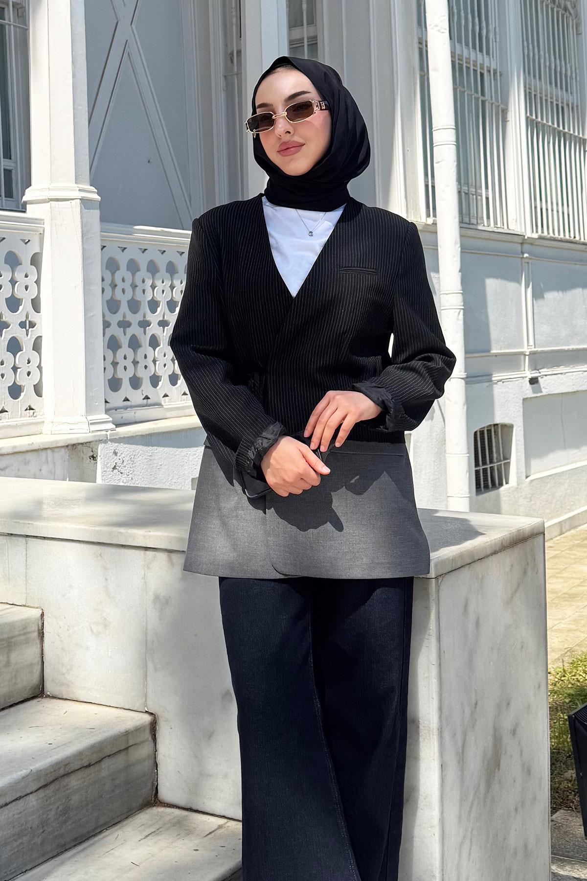 Kruvaze Yaka Blazer Kadın Ceket -Siyah