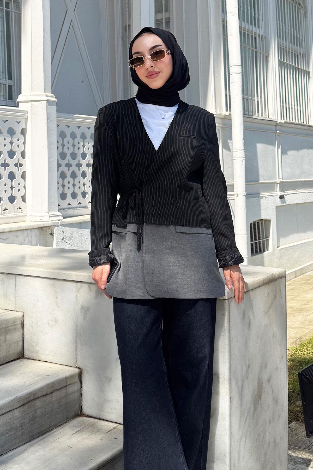 Kruvaze Yaka Blazer Kadın Ceket -Siyah