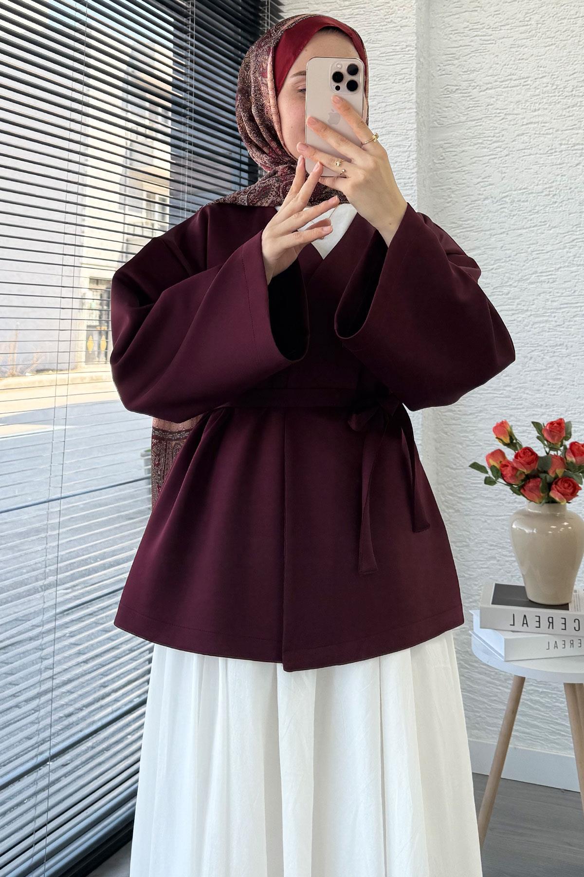 Kruvaze Yaka Kol Volan Kimono -Bordo