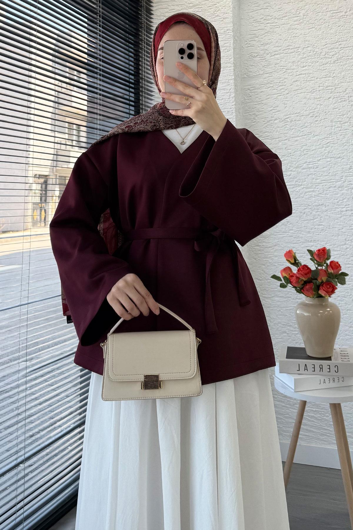 Kruvaze Yaka Kol Volan Kimono -Bordo