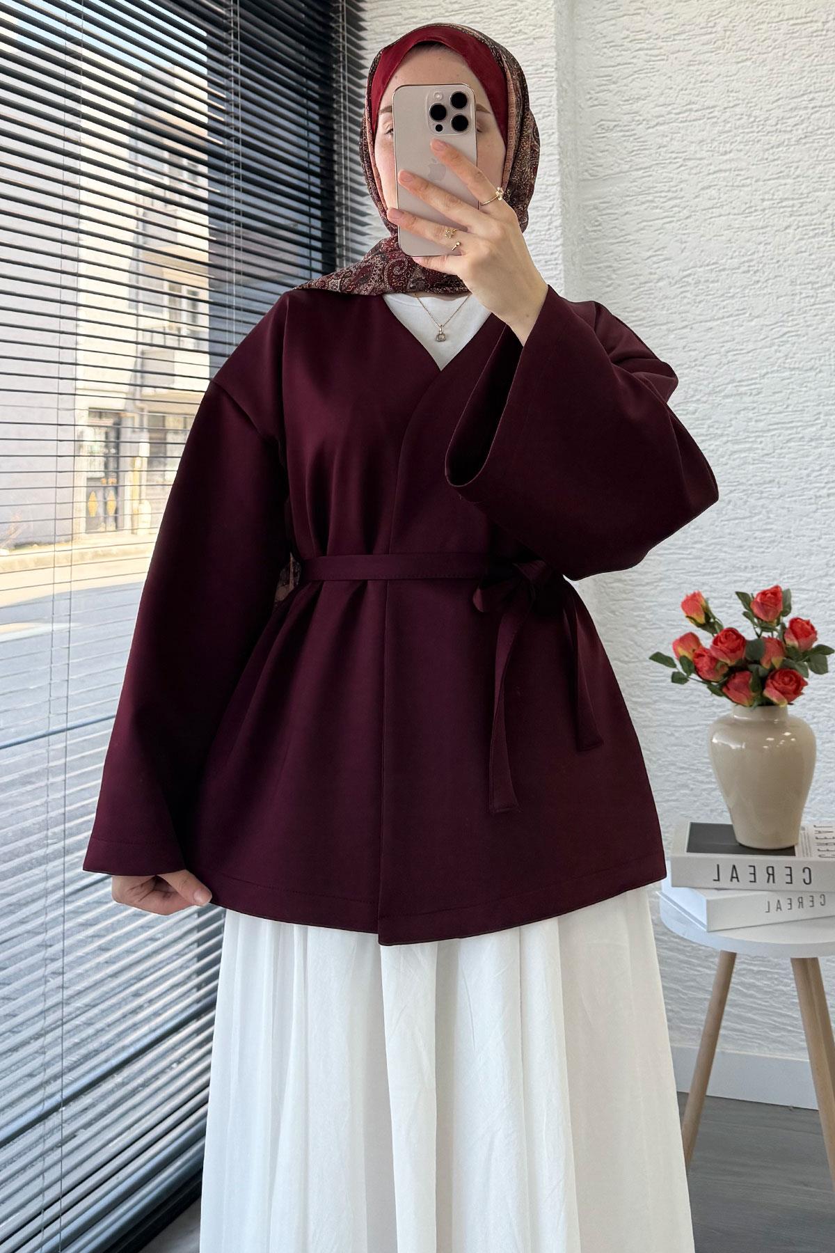 Kruvaze Yaka Kol Volan Kimono -Bordo