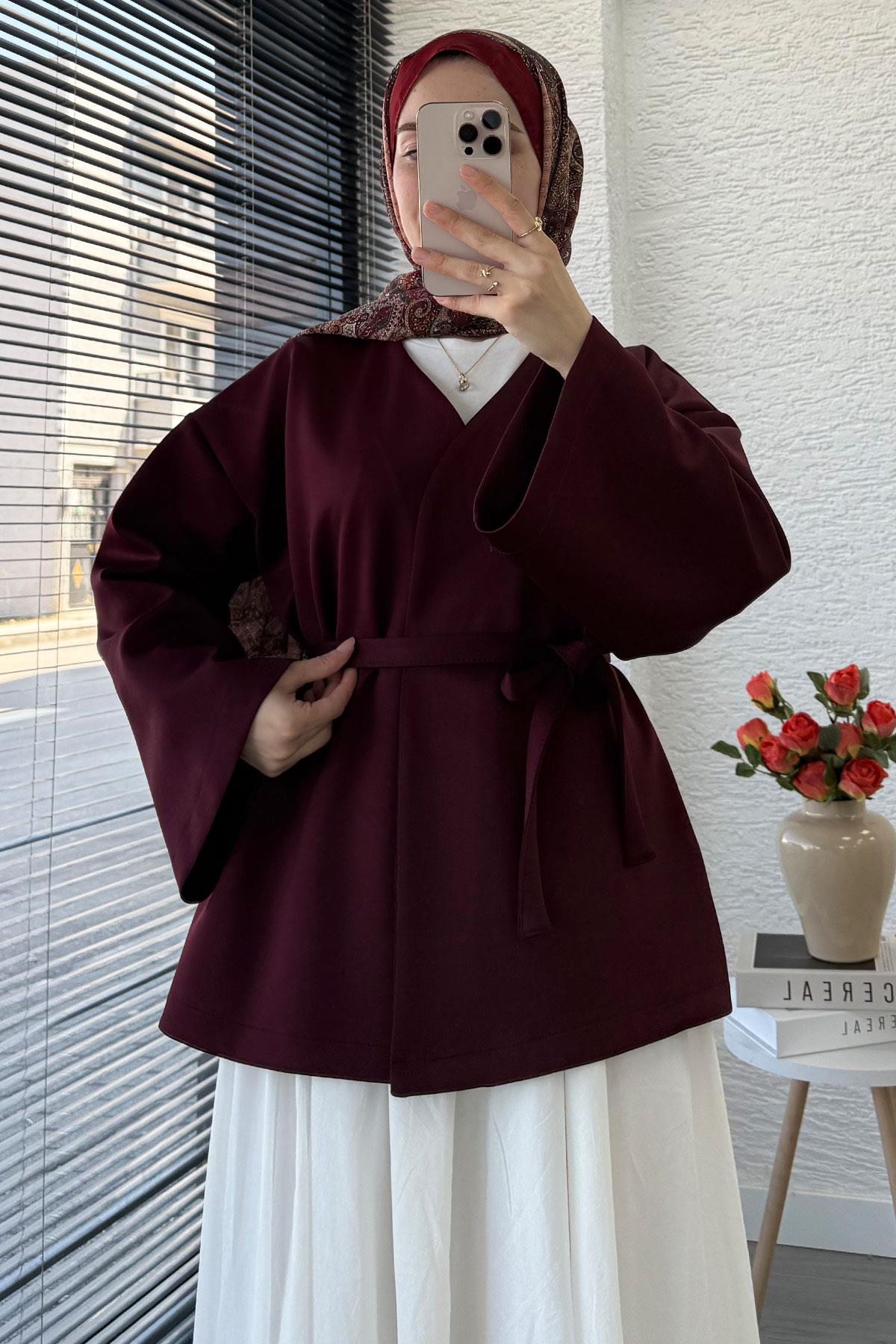Kruvaze Yaka Kol Volan Kimono -Bordo