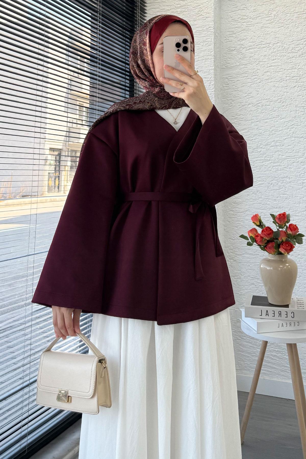 Kruvaze Yaka Kol Volan Kimono -Bordo