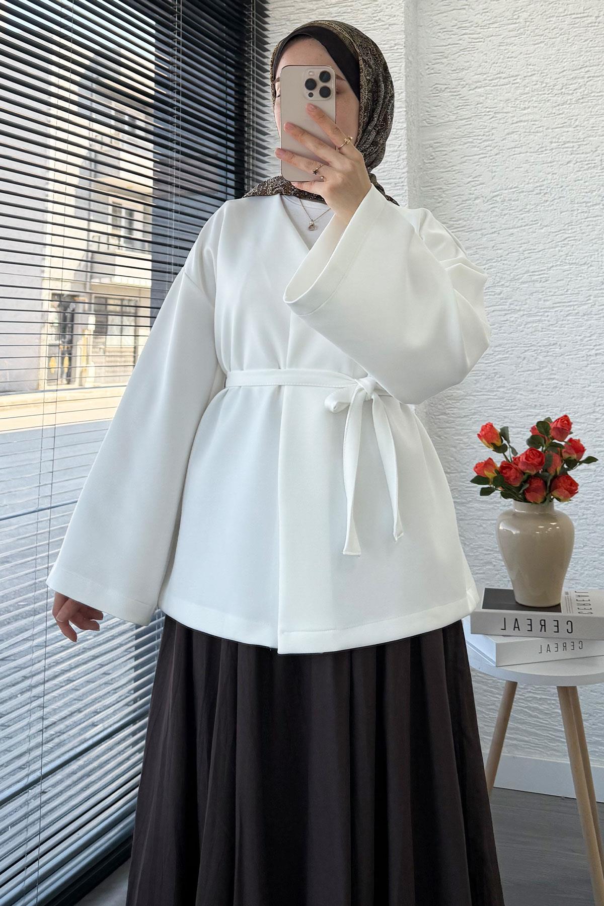 Kruvaze Yaka Volan Kol Kimono -Beyaz