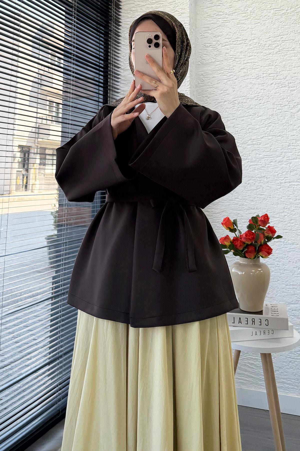 Kruvaze Yaka Volan Kol Kimono -Kahverengi