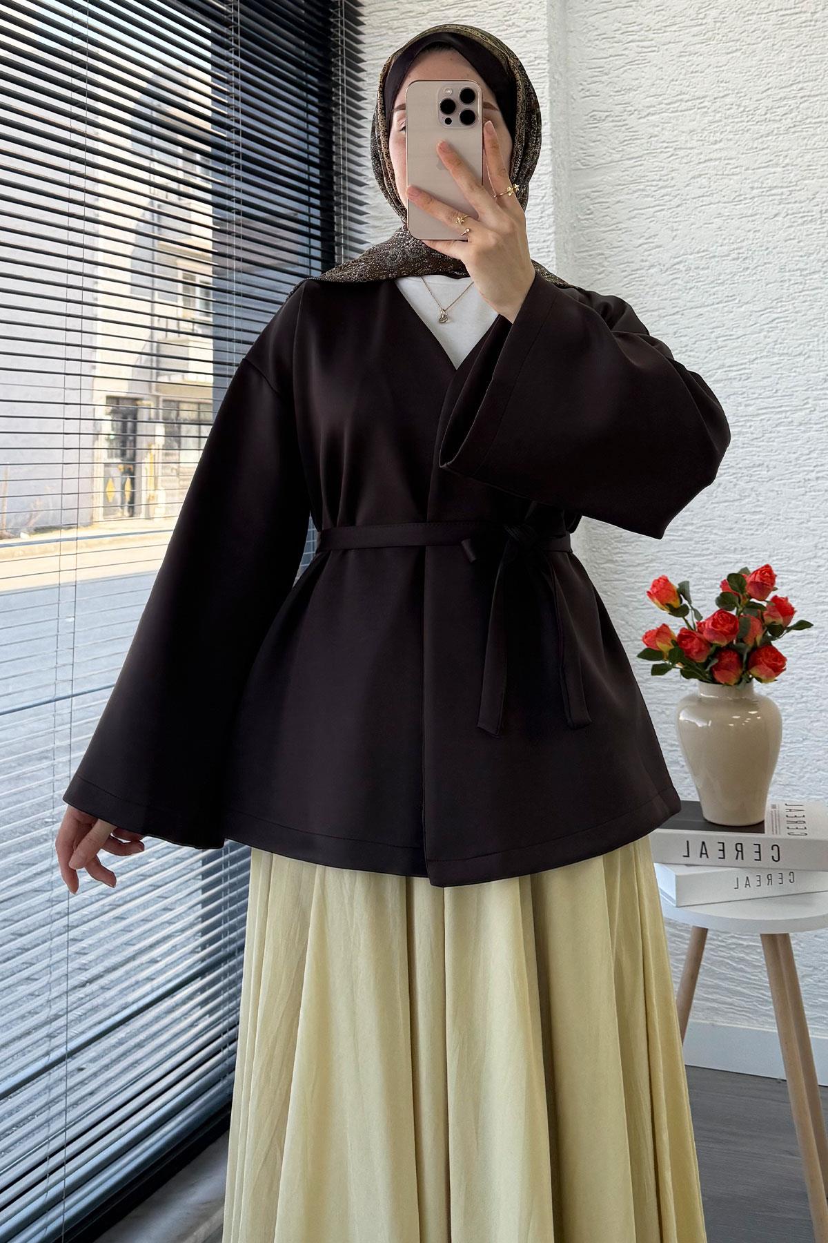 Kruvaze Yaka Volan Kol Kimono -Kahverengi
