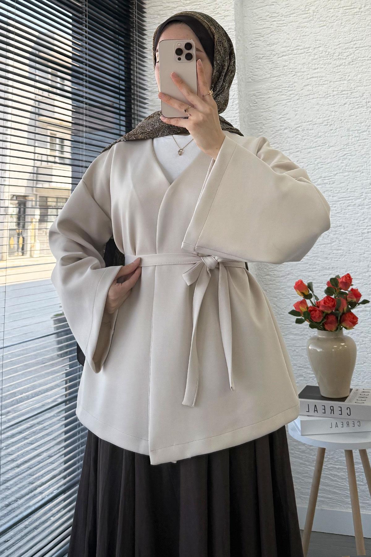 Kruvaze Yaka Volan Kol Kimono -Taş