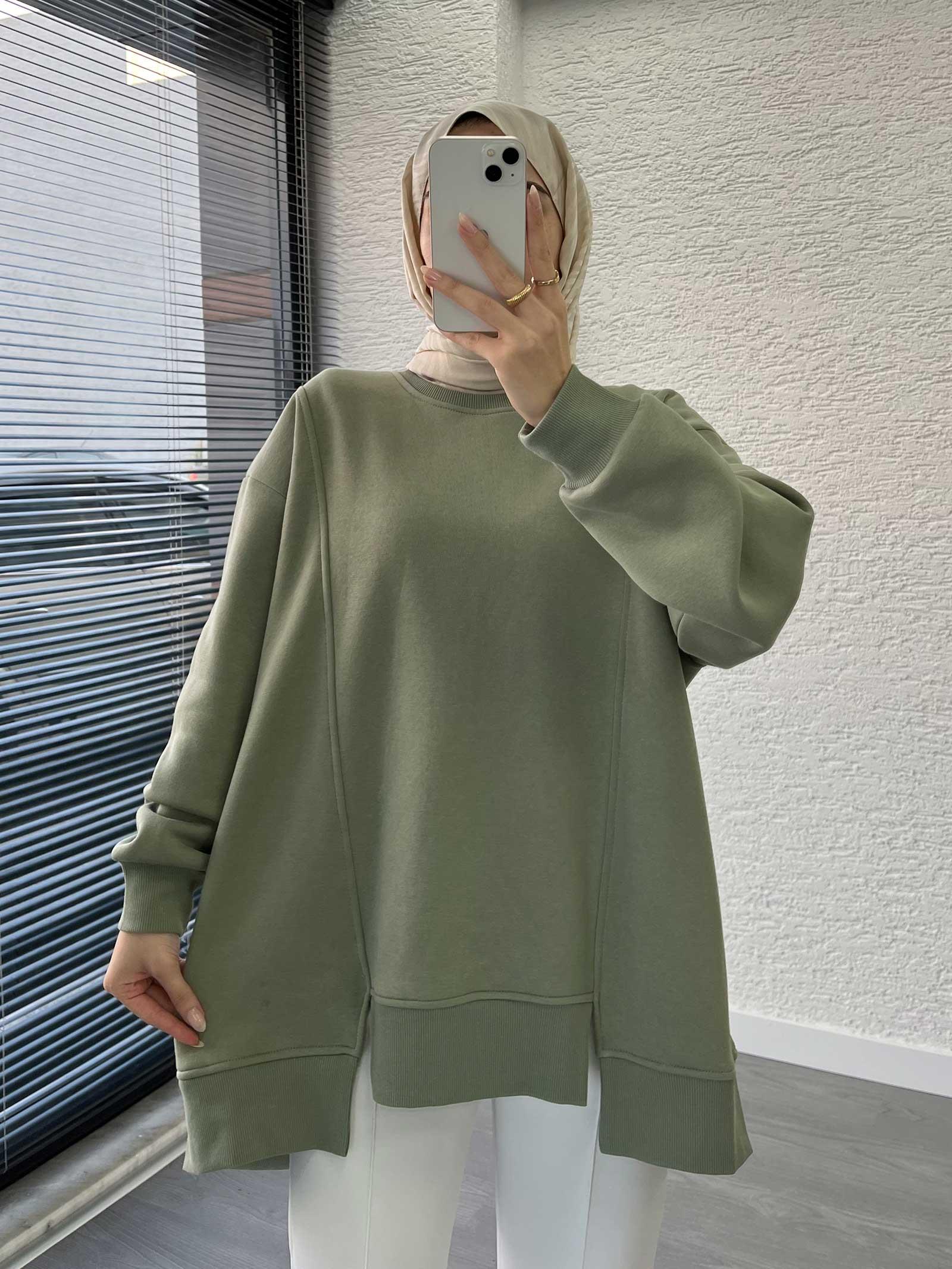 Küf Yeşili Arka Fermuar Detaylı Oversize Sweat