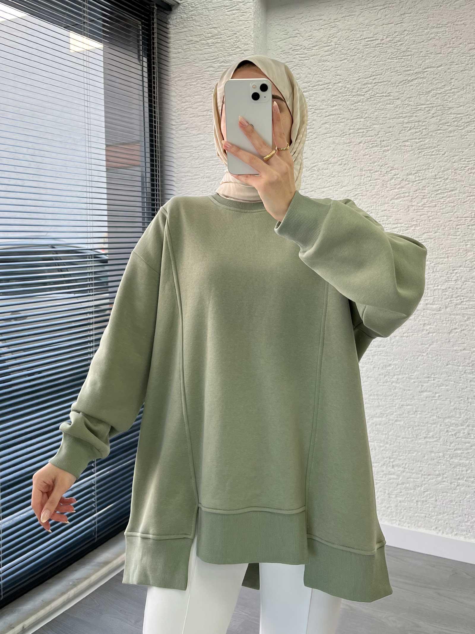 Küf Yeşili Arka Fermuar Detaylı Oversize Sweat