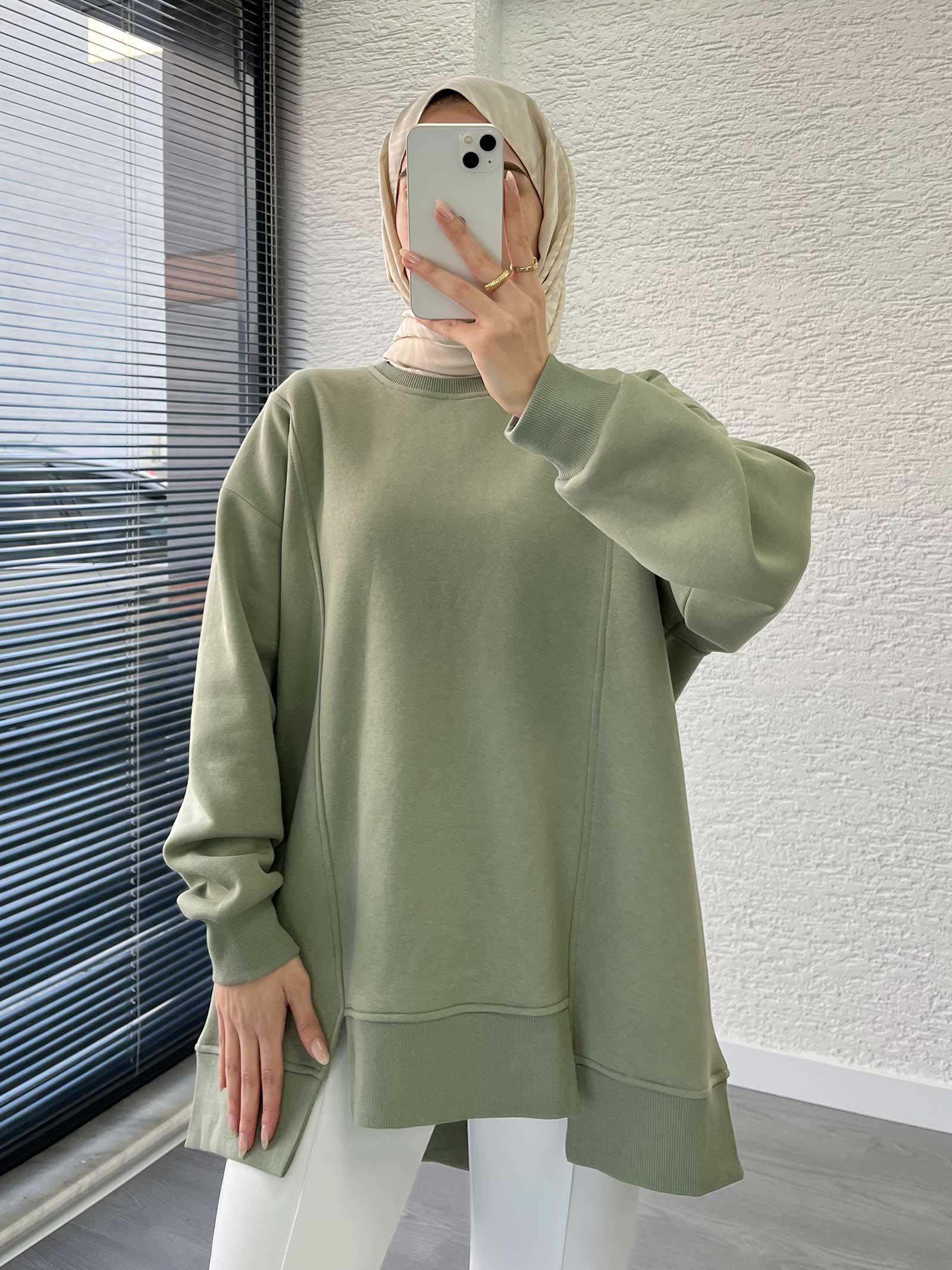 Küf Yeşili Arka Fermuar Detaylı Oversize Sweat