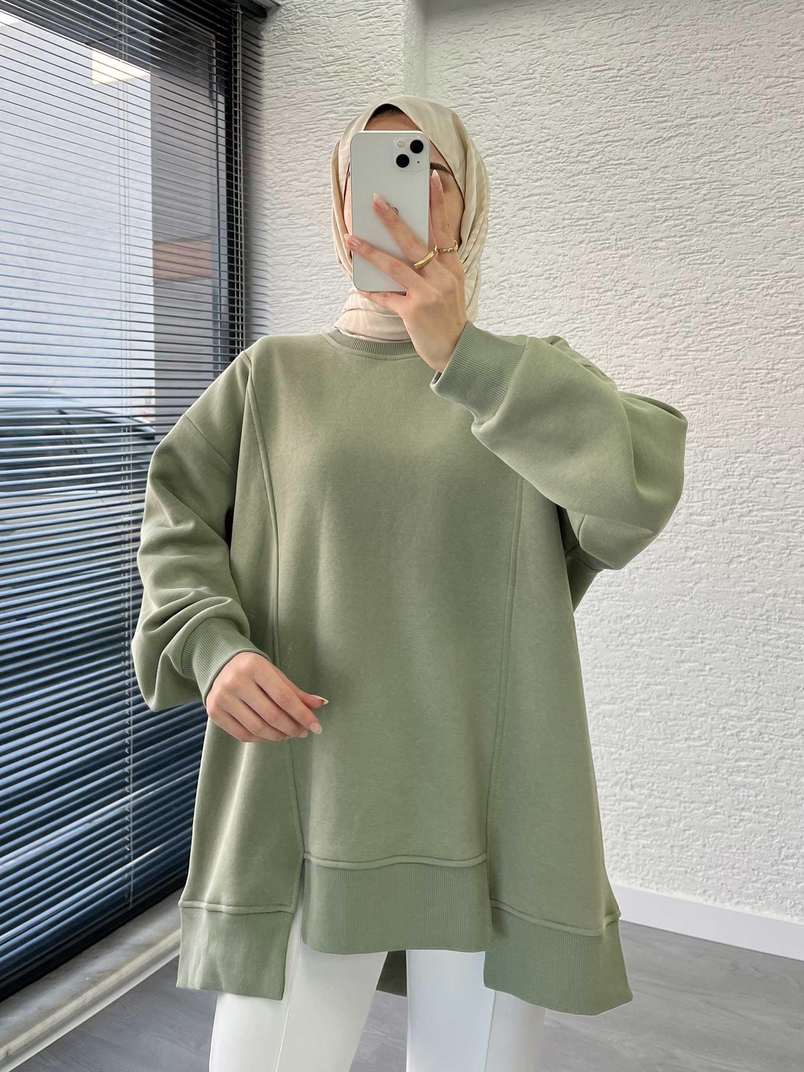 Küf Yeşili Arka Fermuar Detaylı Oversize Sweat