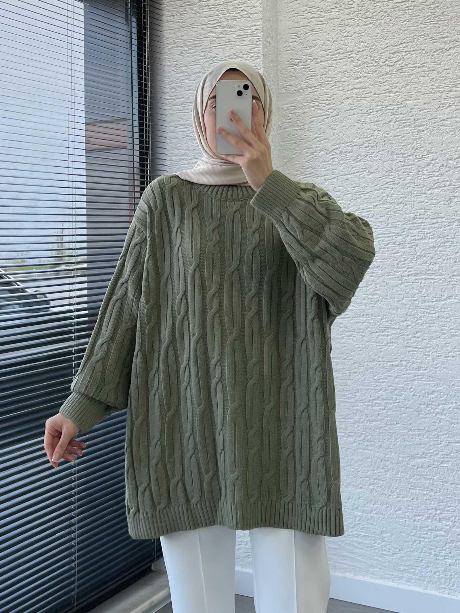 Küf Yeşili Örgü Desen Oversize Kadın Kazak