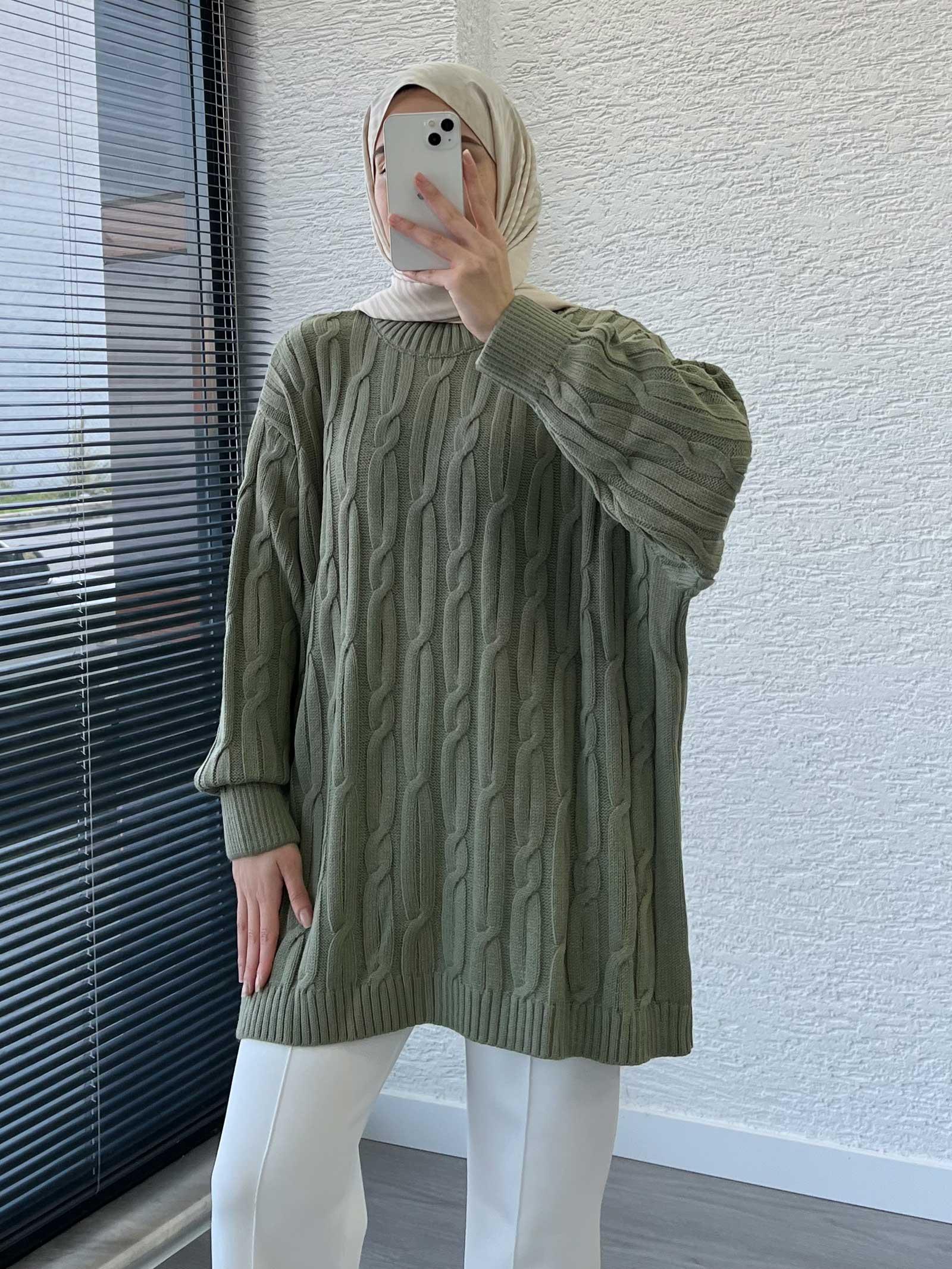 Küf Yeşili Örgü Desen Oversize Kadın Kazak