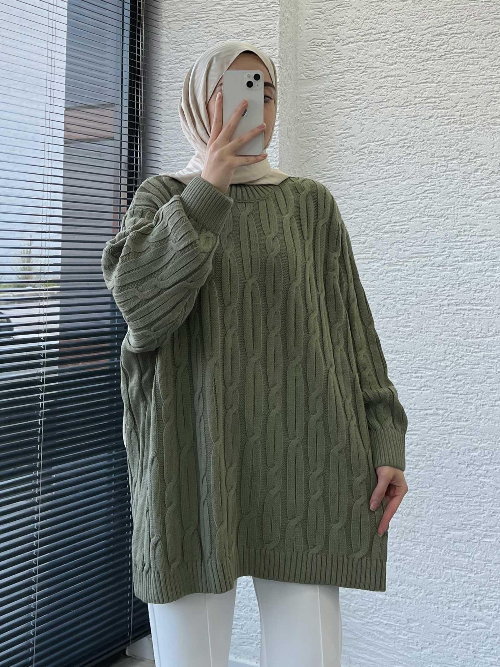 Küf Yeşili Örgü Desen Oversize Kadın Kazak