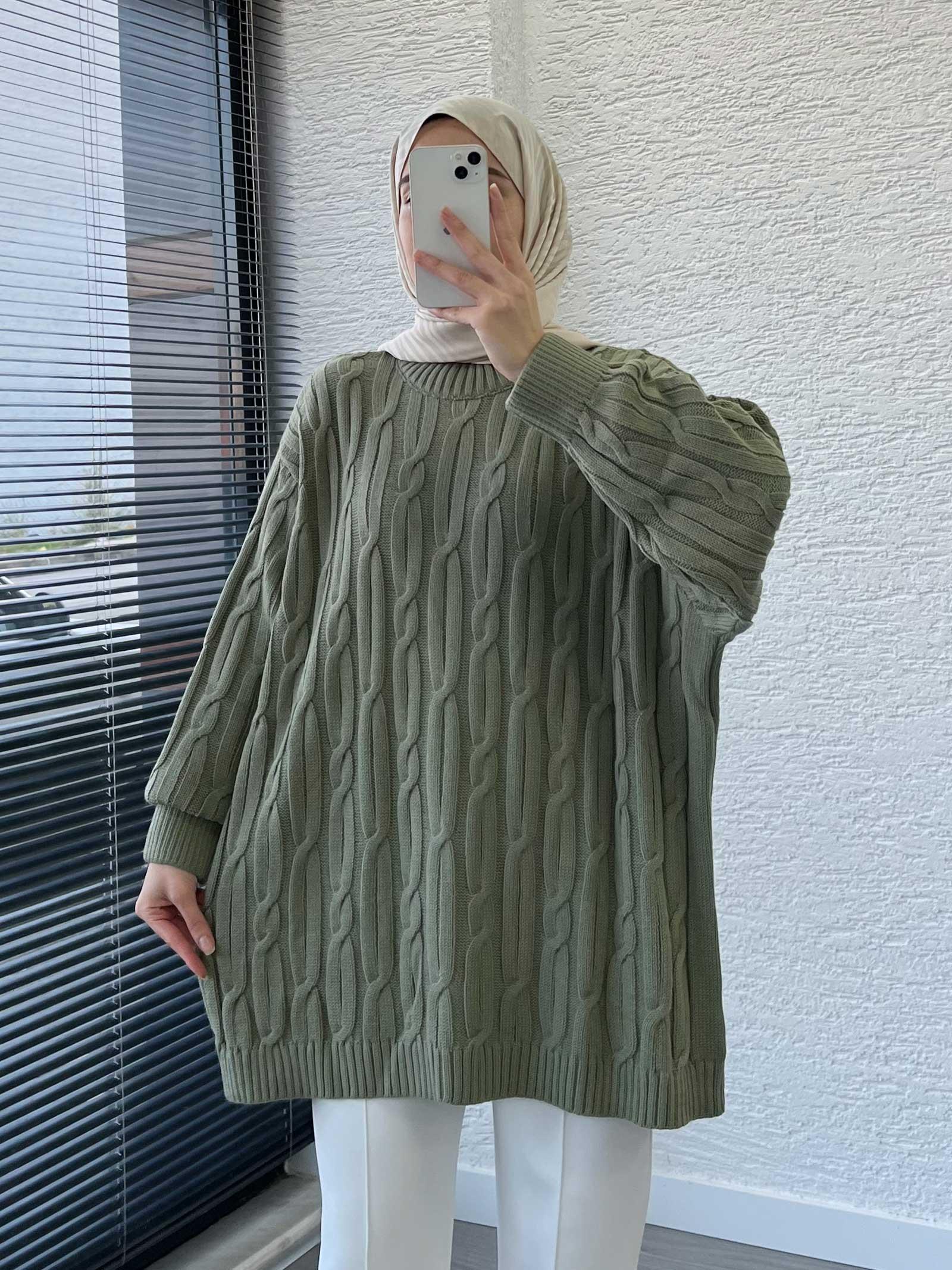 Küf Yeşili Örgü Desen Oversize Kadın Kazak