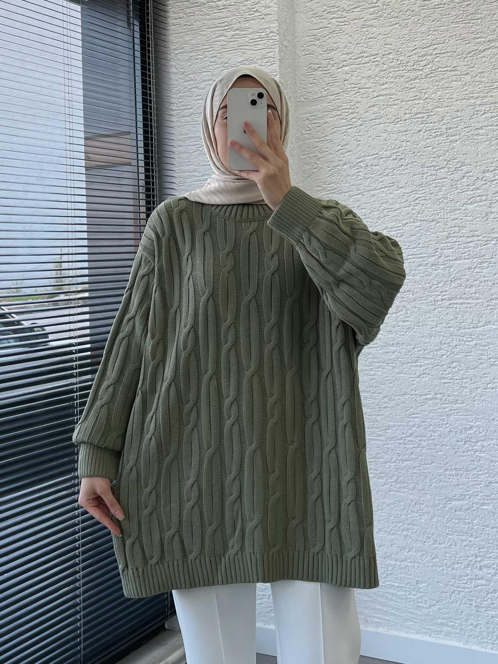 Küf Yeşili Örgü Desen Oversize Kadın Kazak