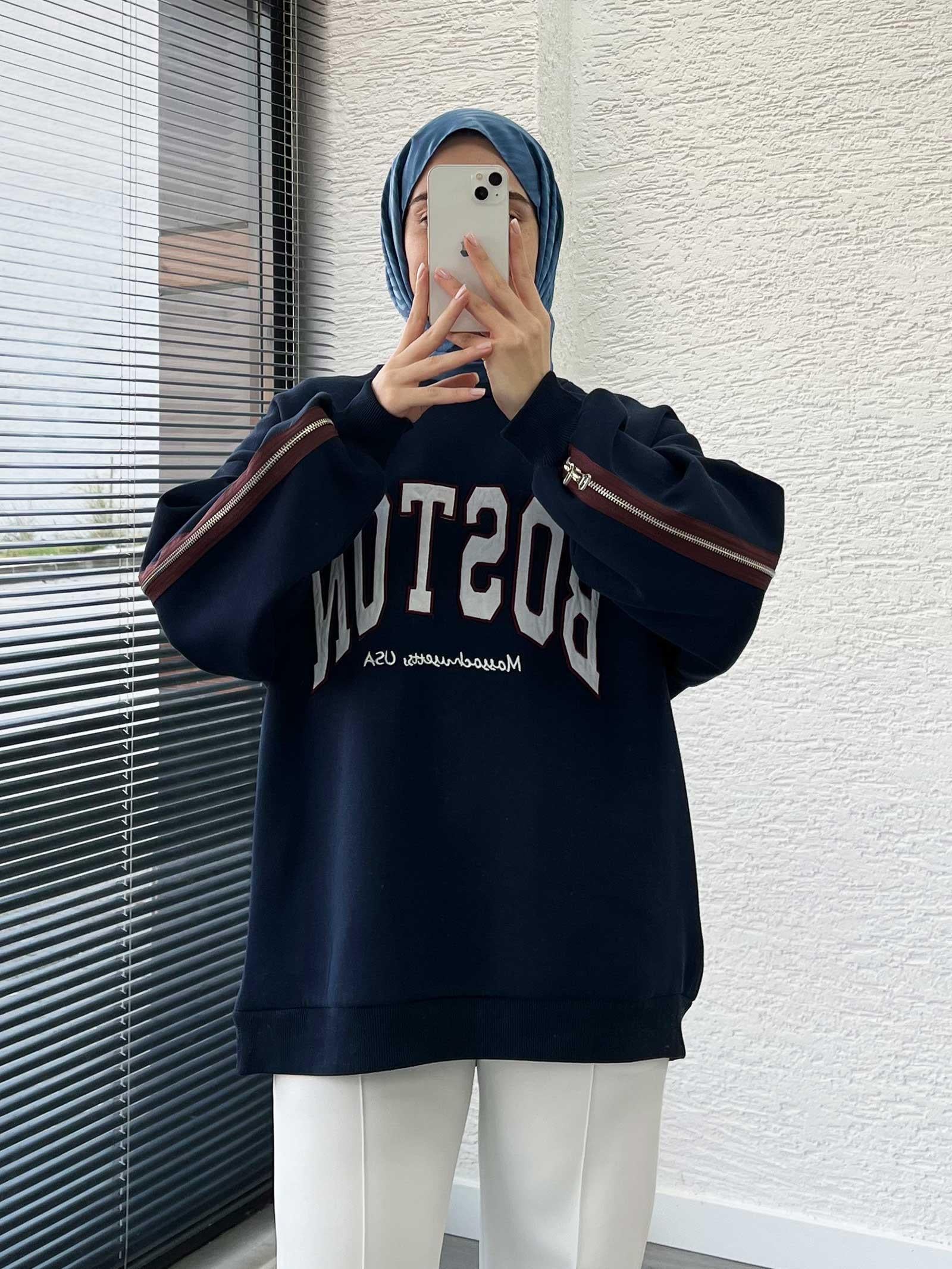 Lacivert Arka Fermuarlı Oversize Kadın Sweat