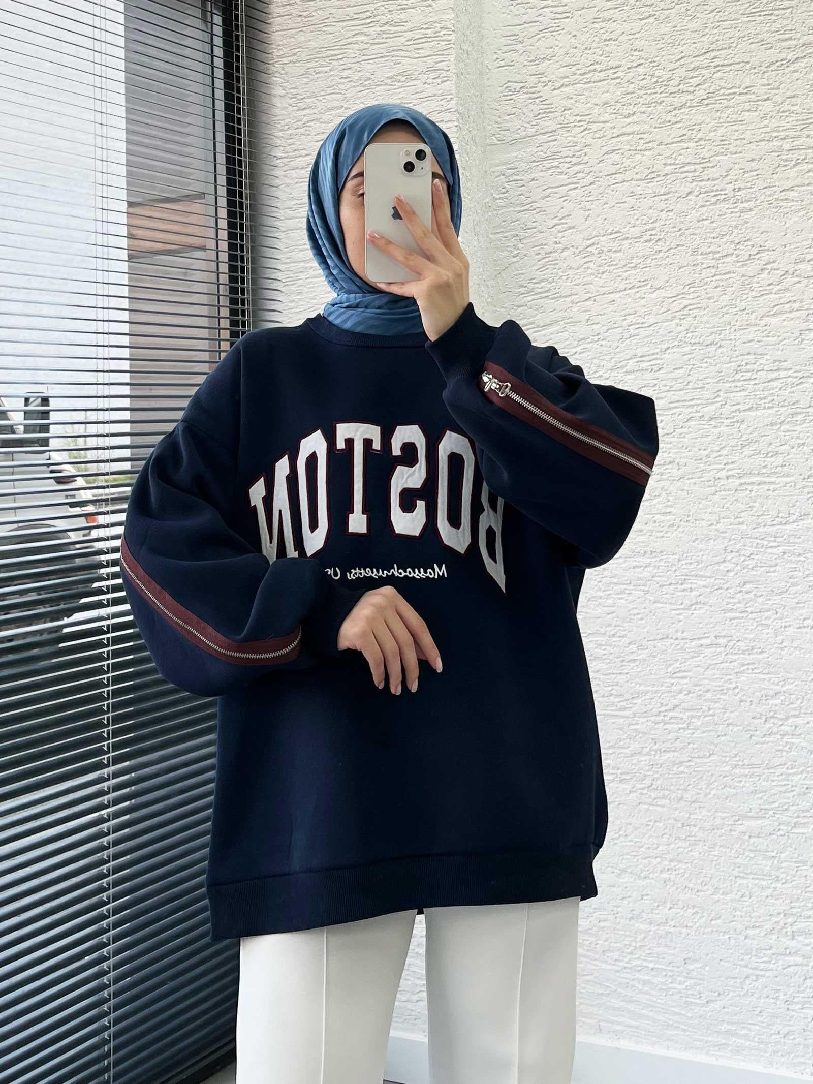 Lacivert Arka Fermuarlı Oversize Kadın Sweat