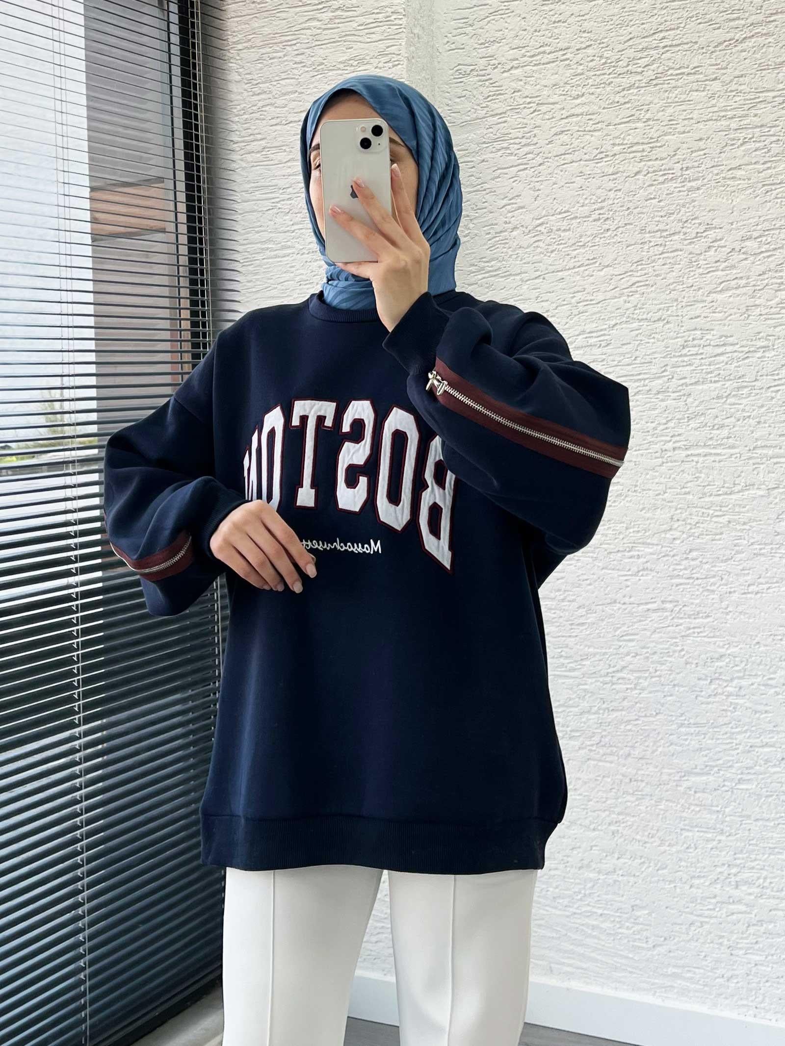 Lacivert Arka Fermuarlı Oversize Kadın Sweat