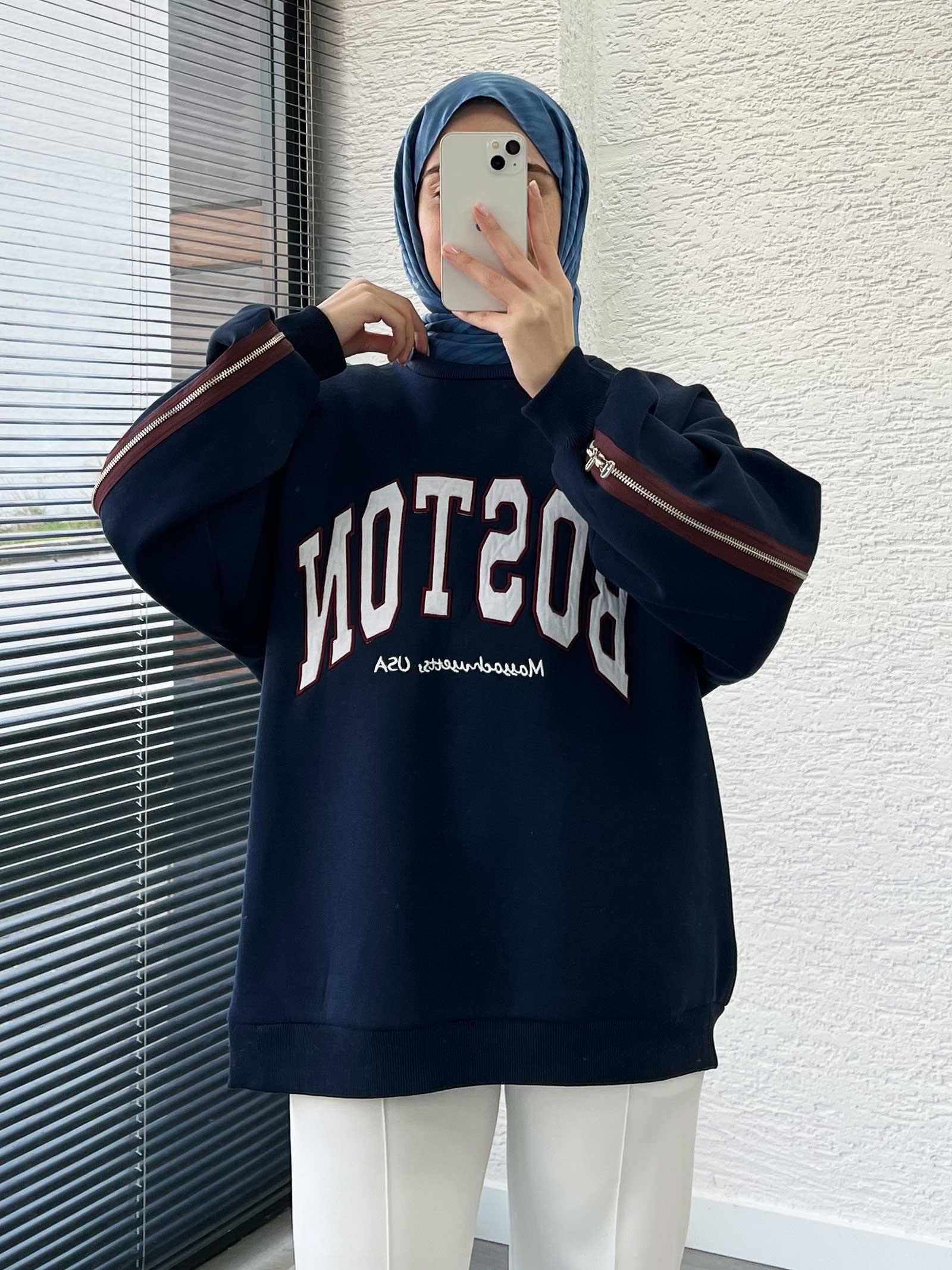 Lacivert Arka Fermuarlı Oversize Kadın Sweat
