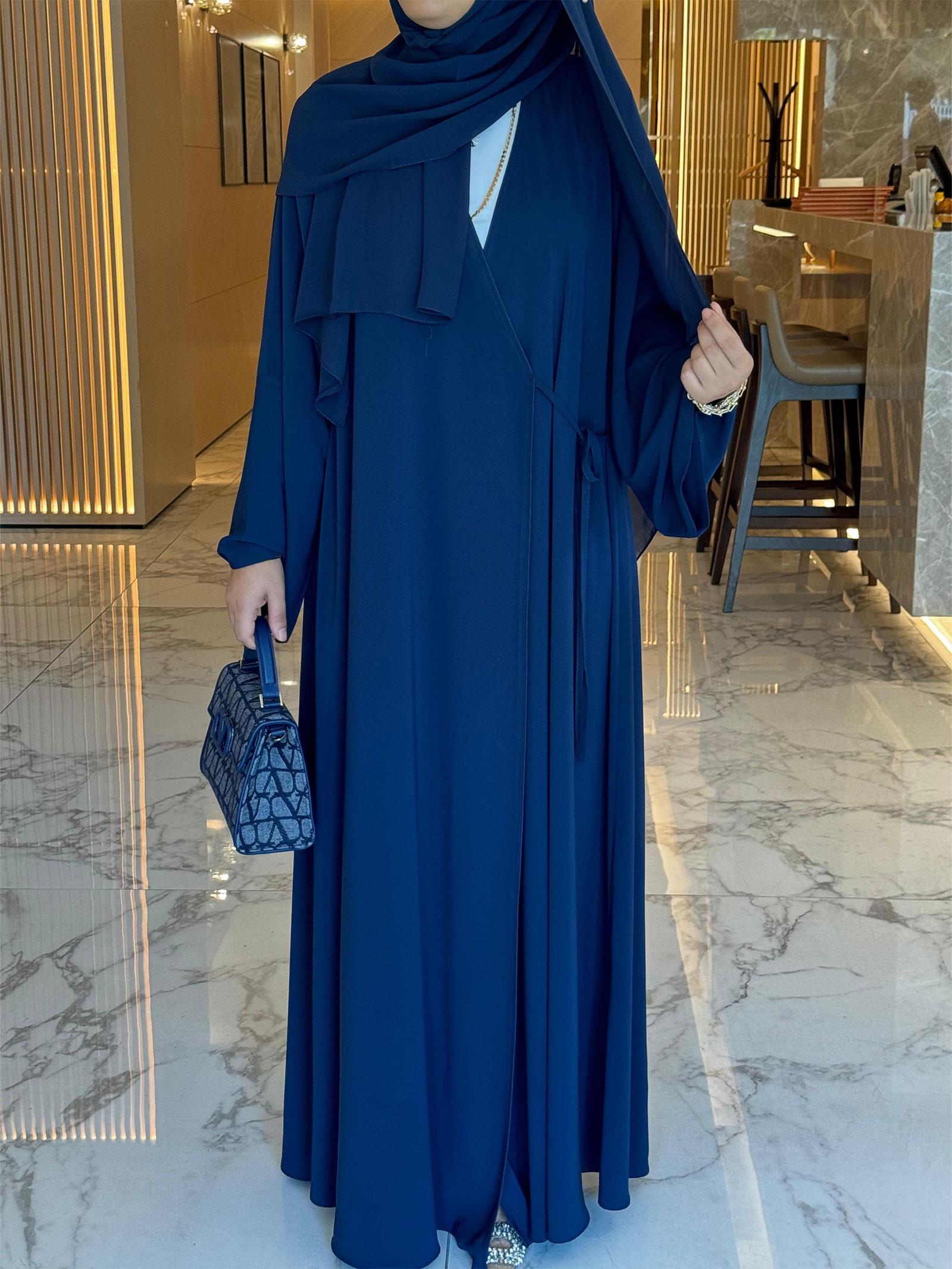 Lacivert Bağlama Detaylı Harem Abaya Takım