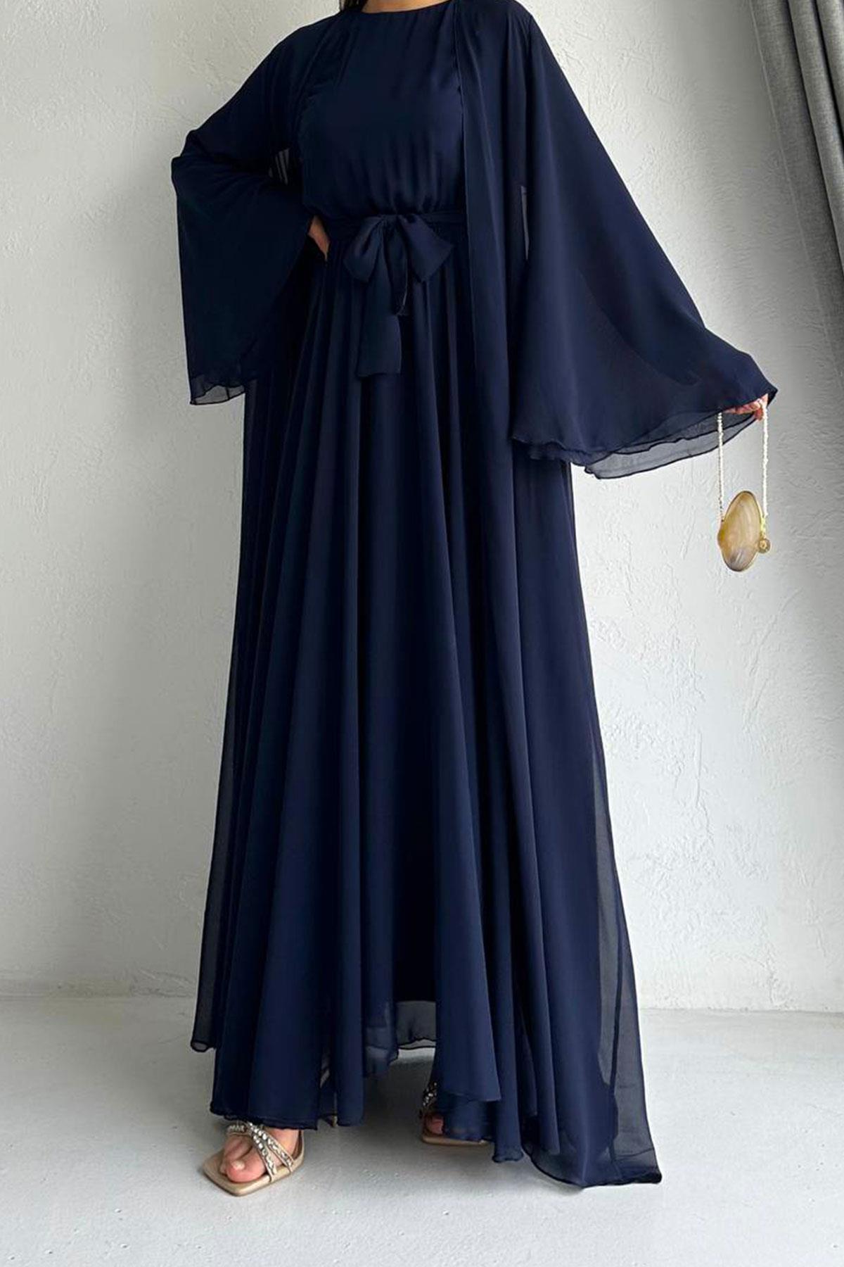 Lacivert Bella Şifon Abaya Takım 