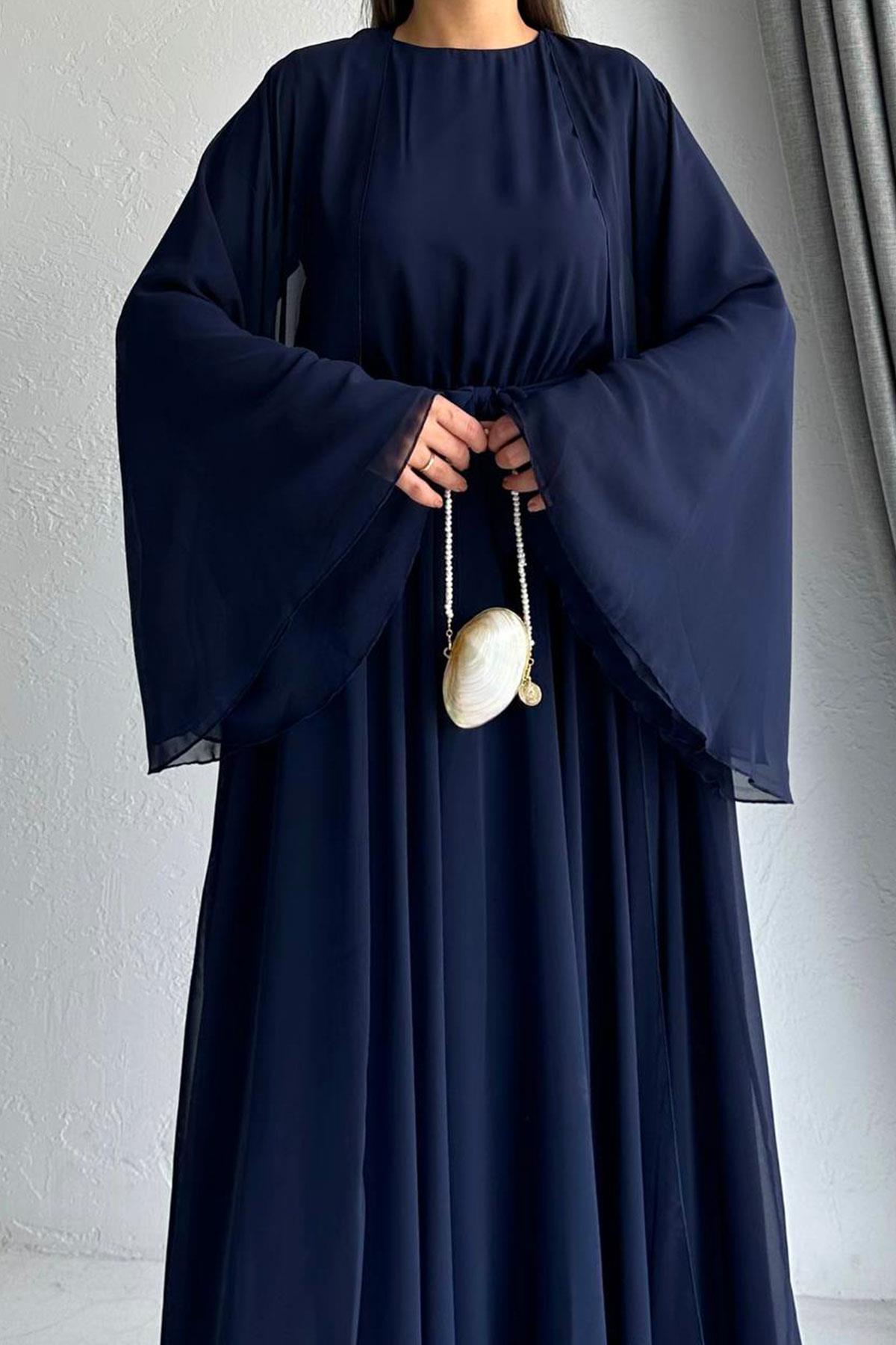Lacivert Bella Şifon Abaya Takım 