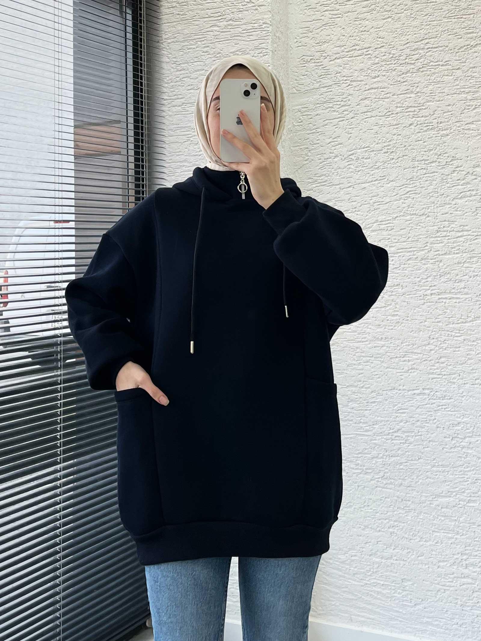 Lacivert Cepli Oversize Kadın Sweat