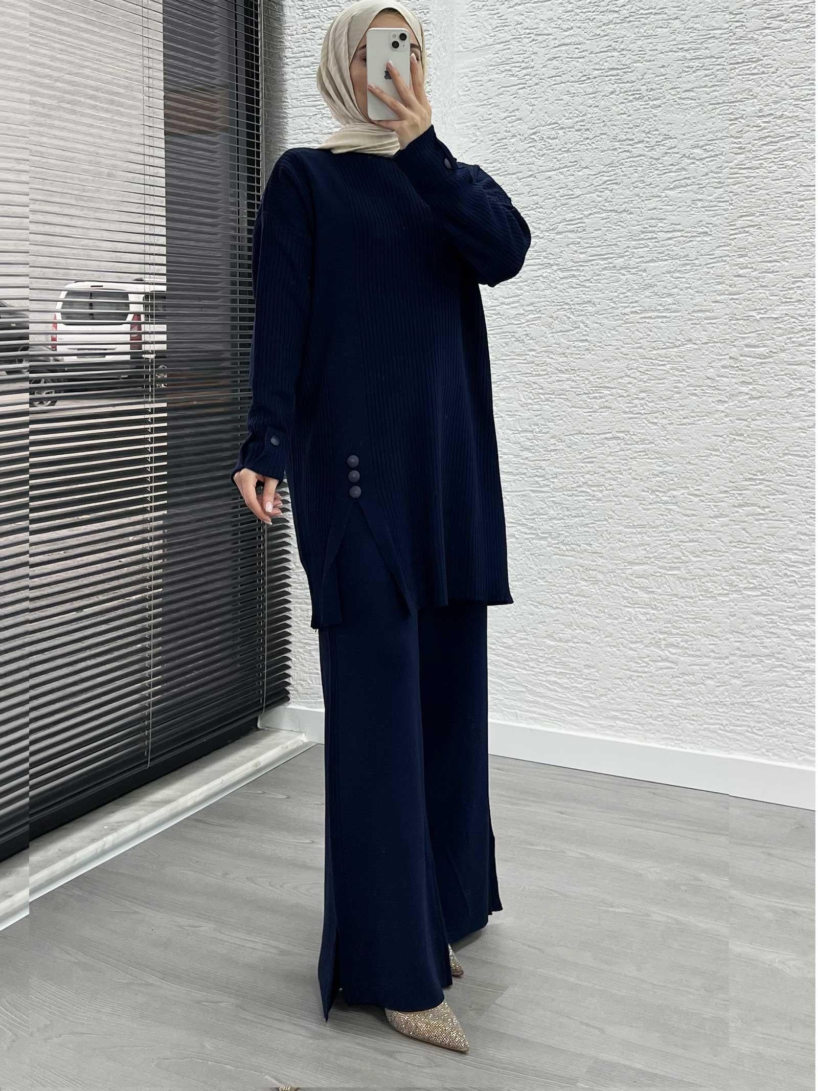 Lacivert Düğme Detaylı Oversize Triko Takım