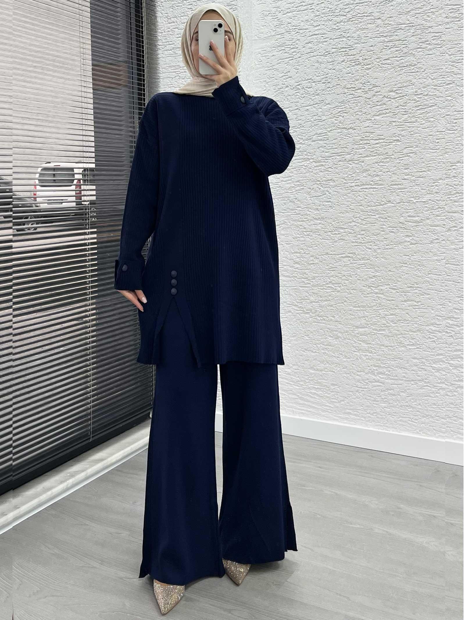 Lacivert Düğme Detaylı Oversize Triko Takım