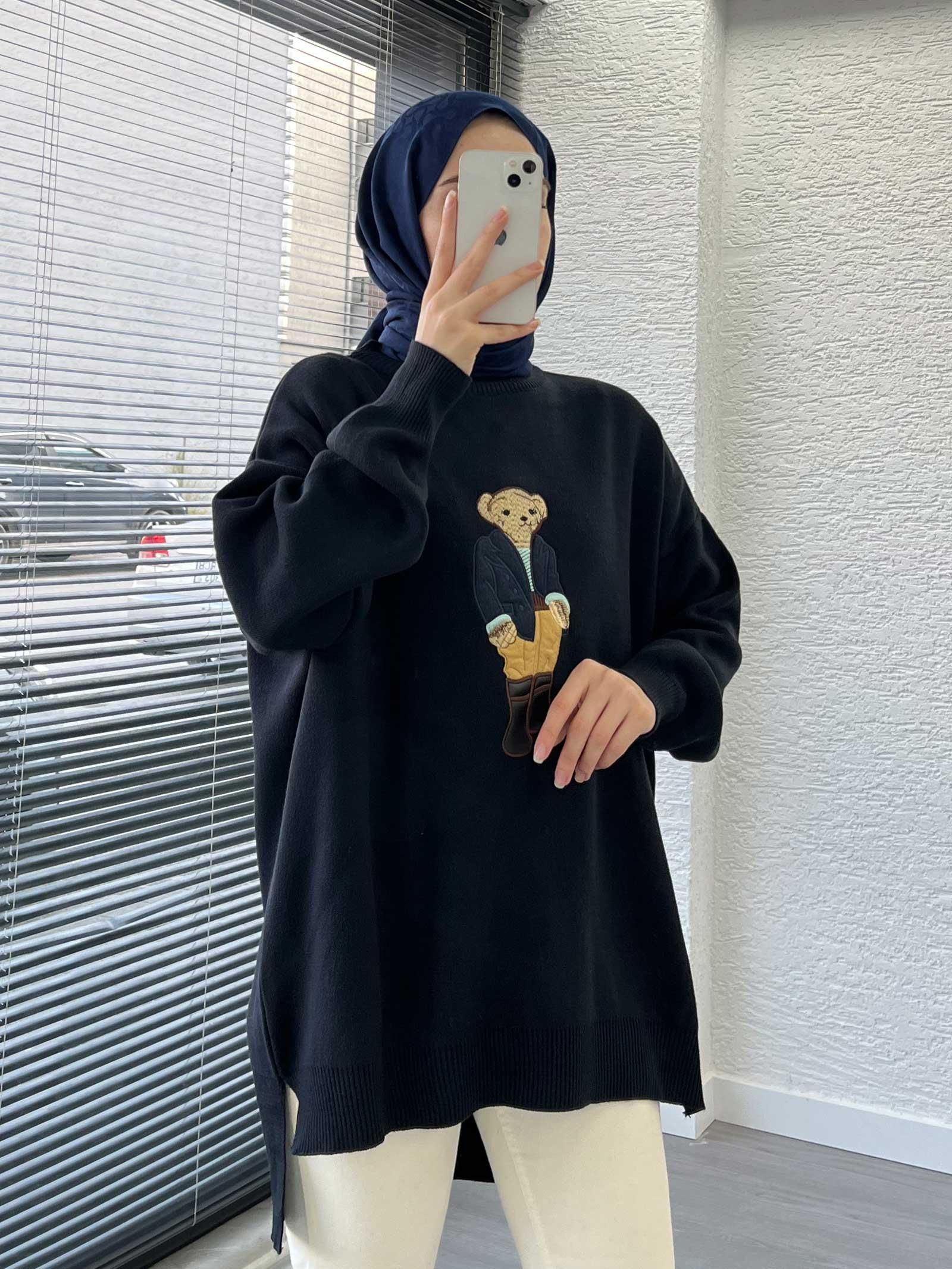 Lacivert Teddy Nakışlı Oversize Kadın Kazak 