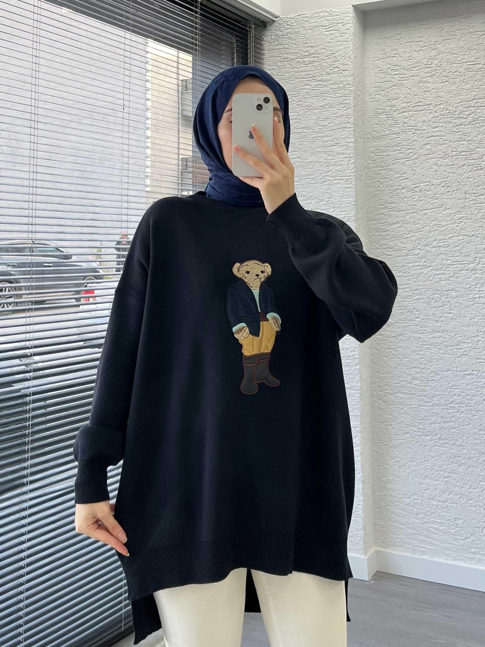 Lacivert Teddy Nakışlı Oversize Kadın Kazak 