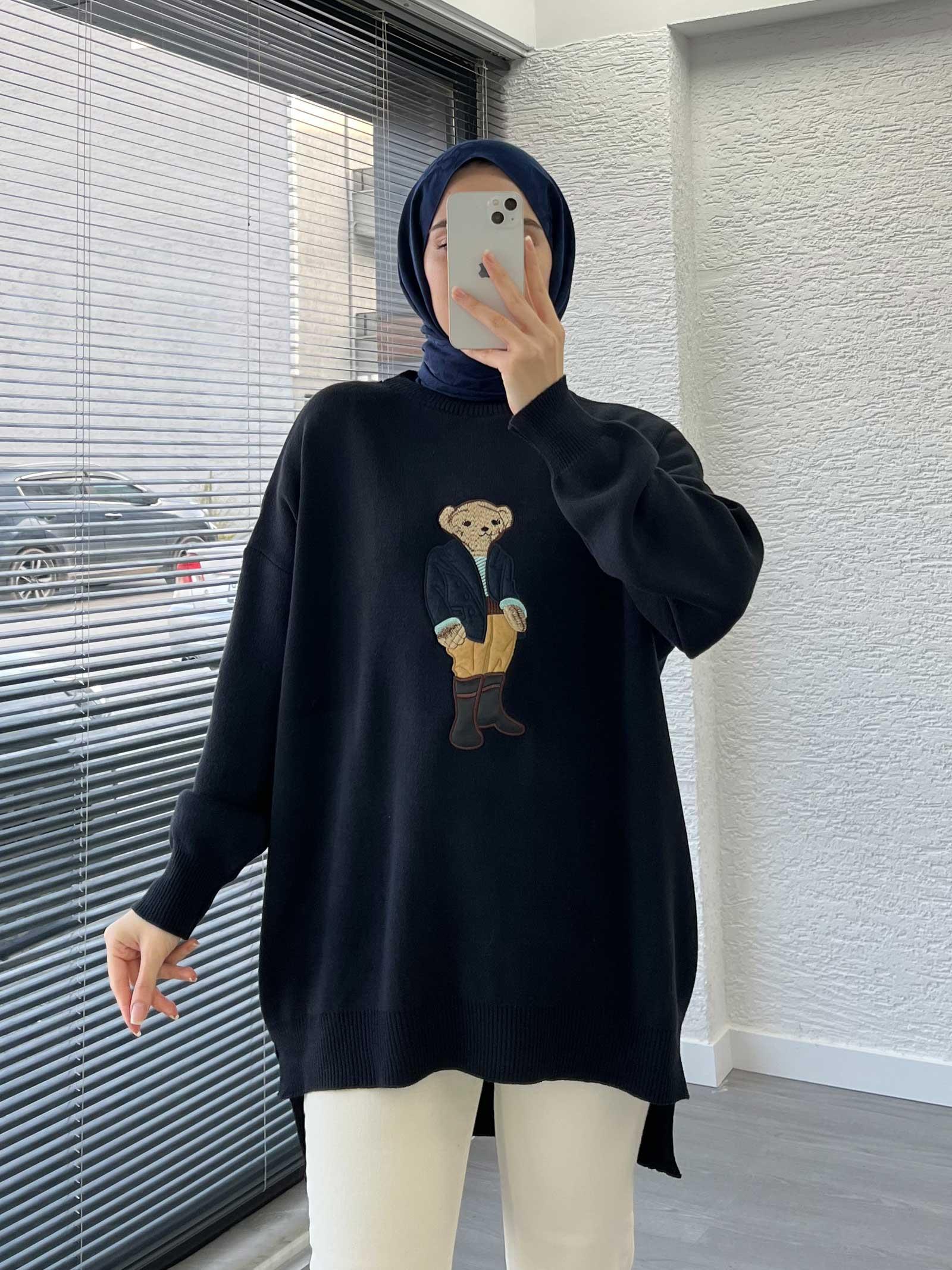 Lacivert Teddy Nakışlı Oversize Kadın Kazak 