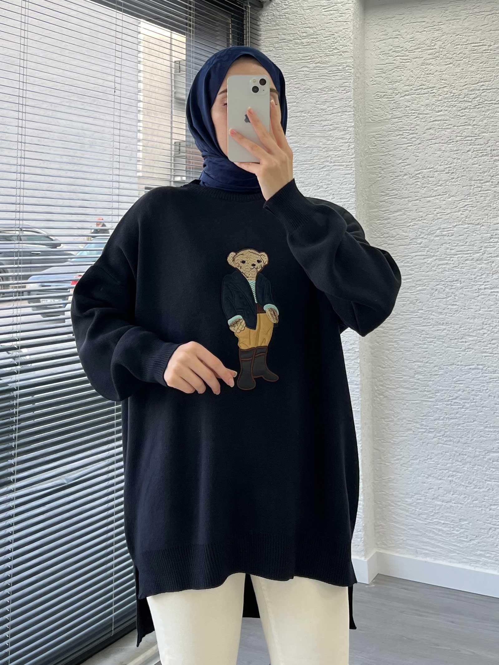 Lacivert Teddy Nakışlı Oversize Kadın Kazak 