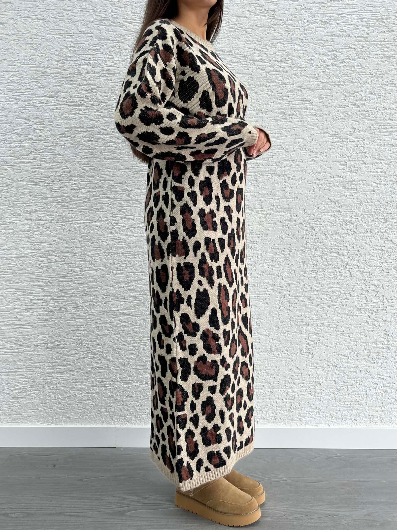 Leopar Desen Triko Elbise