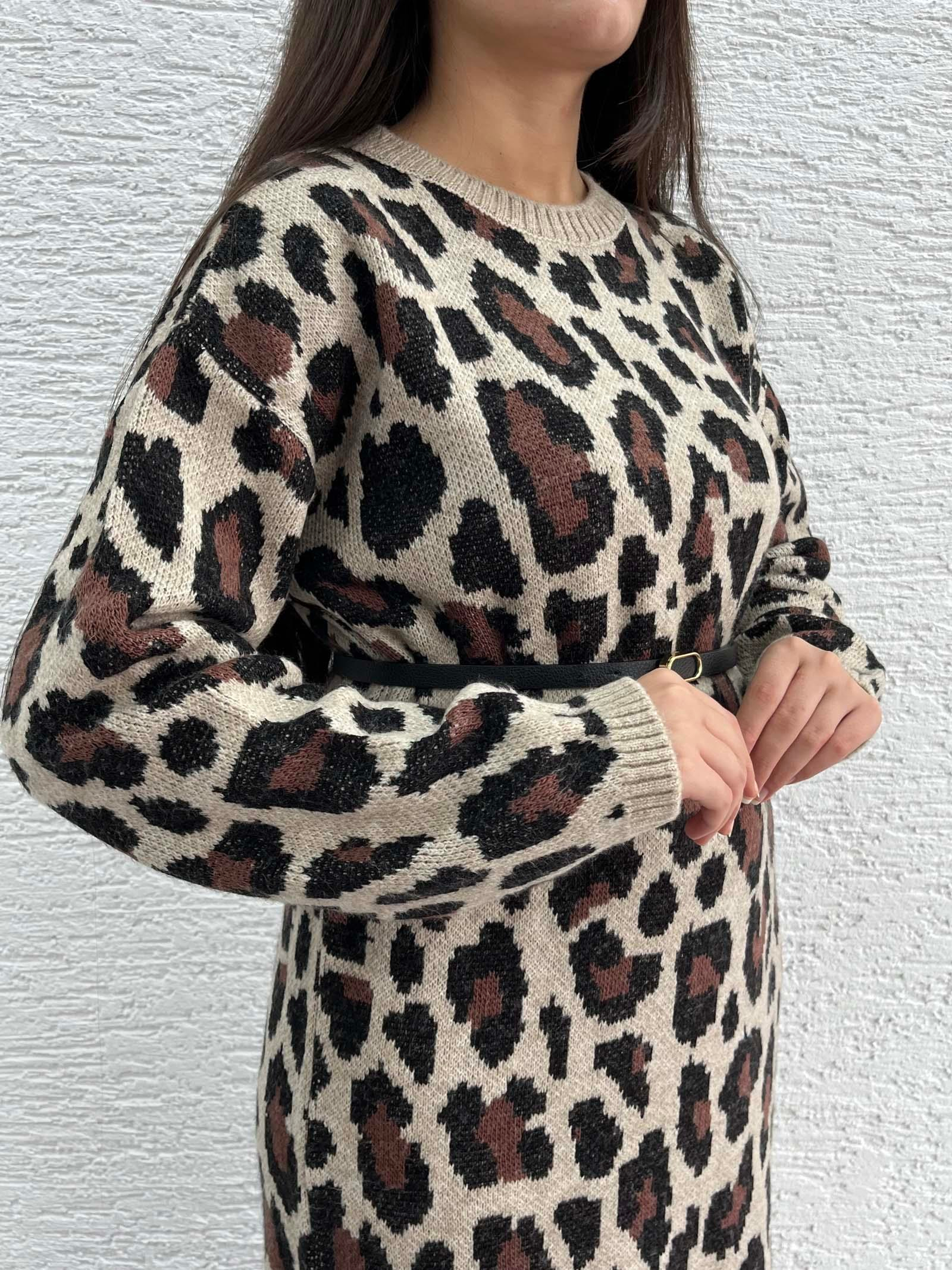Leopar Desen Triko Elbise