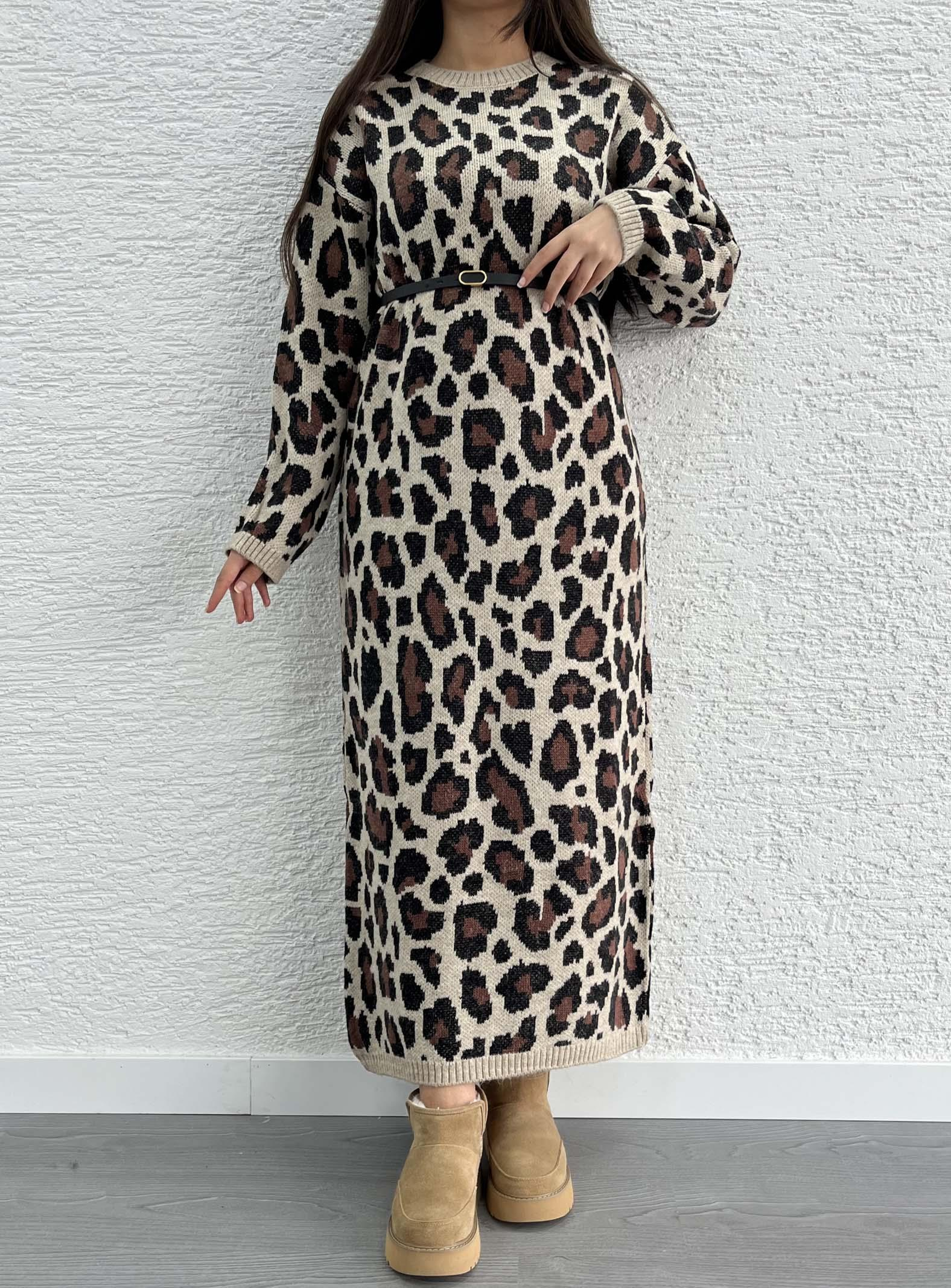 Leopar Desen Triko Elbise