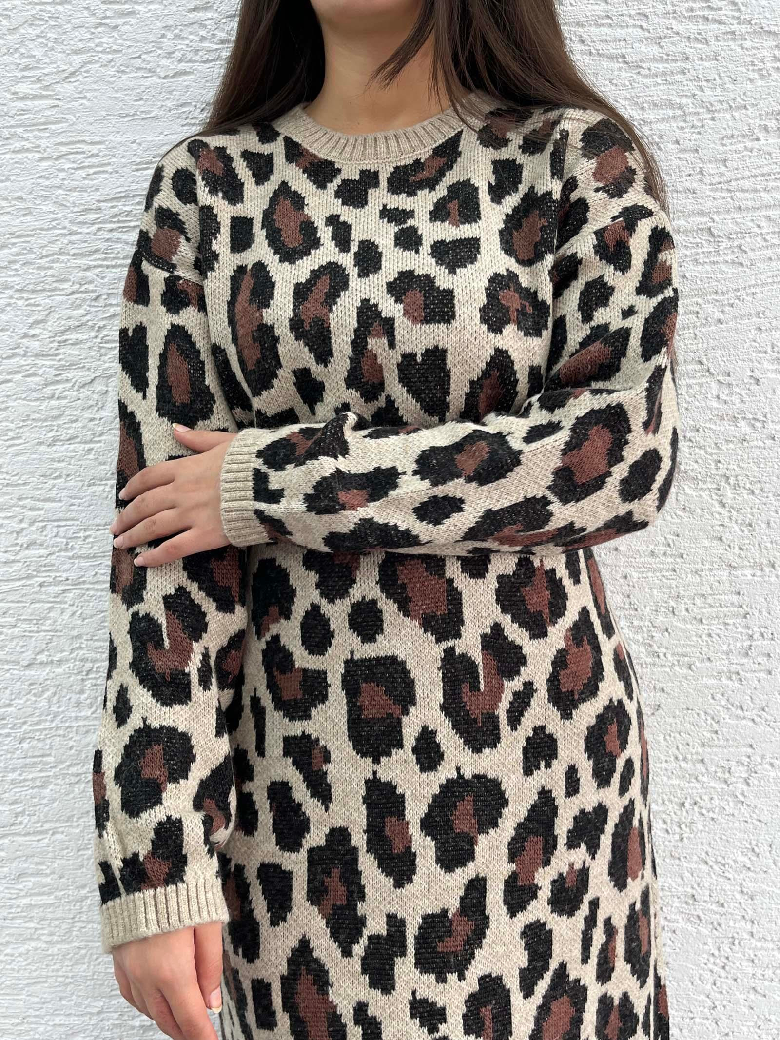 Leopar Desen Triko Elbise