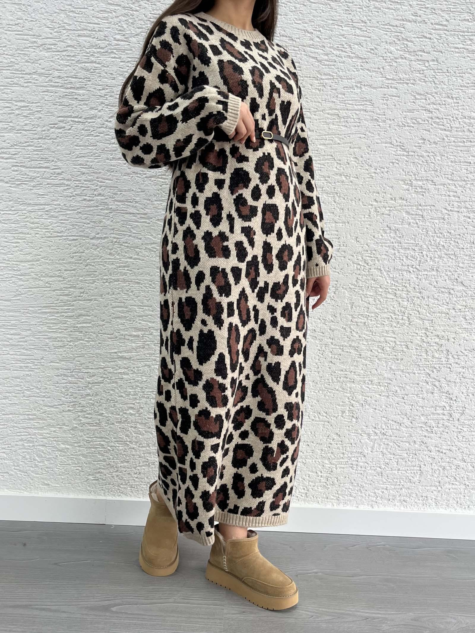 Leopar Desen Triko Elbise