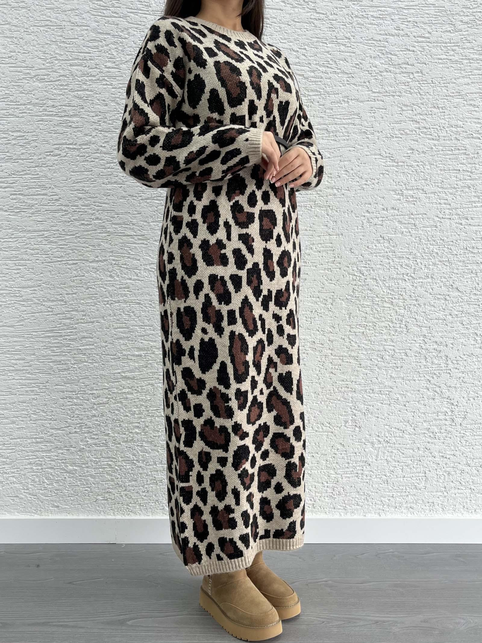 Leopar Desen Triko Elbise
