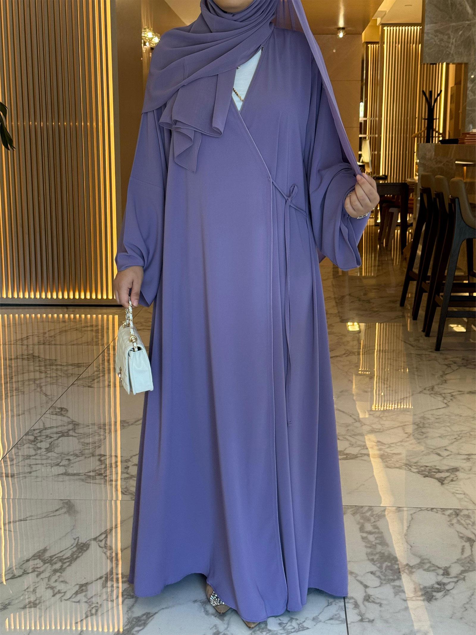 Lila Bağlama Detaylı Harem Abaya Takım