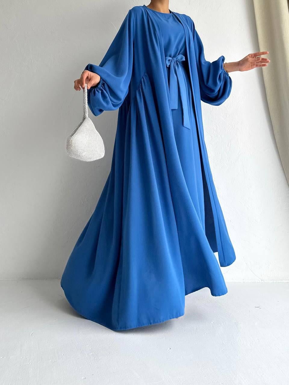 Mavi Yanları Büzgülü Abaya Takım