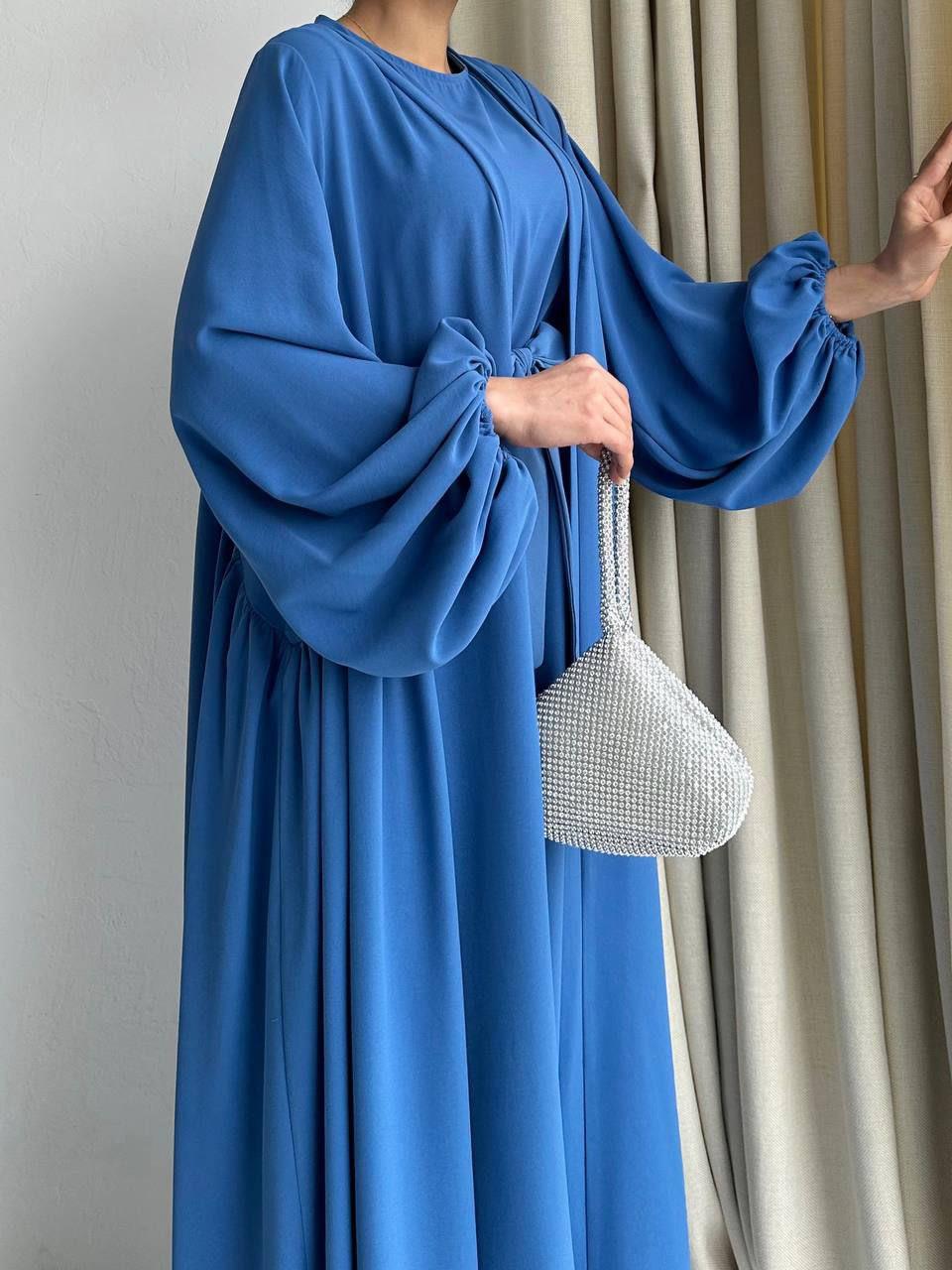 Mavi Yanları Büzgülü Abaya Takım