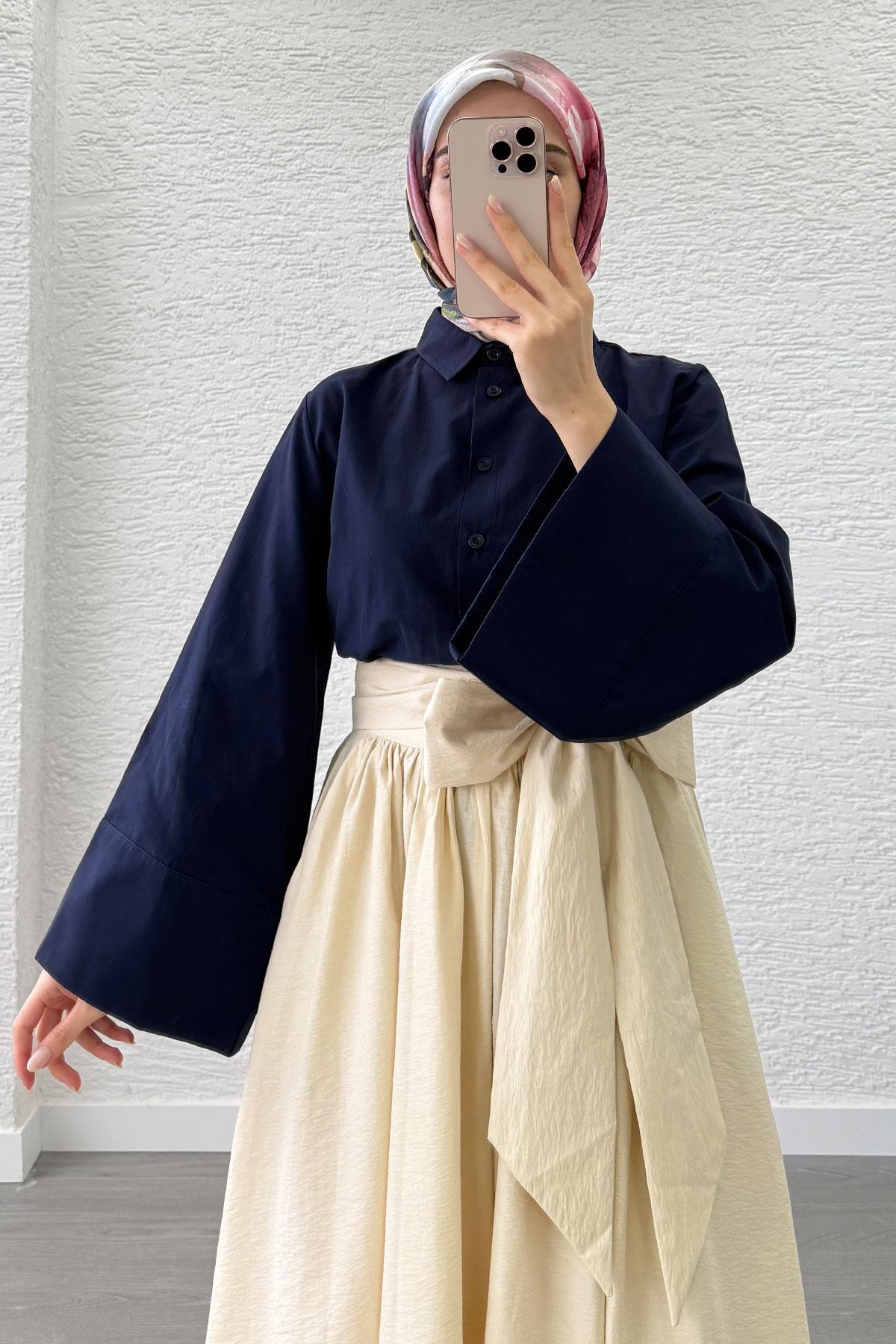 Minimalist Oversize Yarasa Kol Poplin Kadın Gömlek - Lacivert
