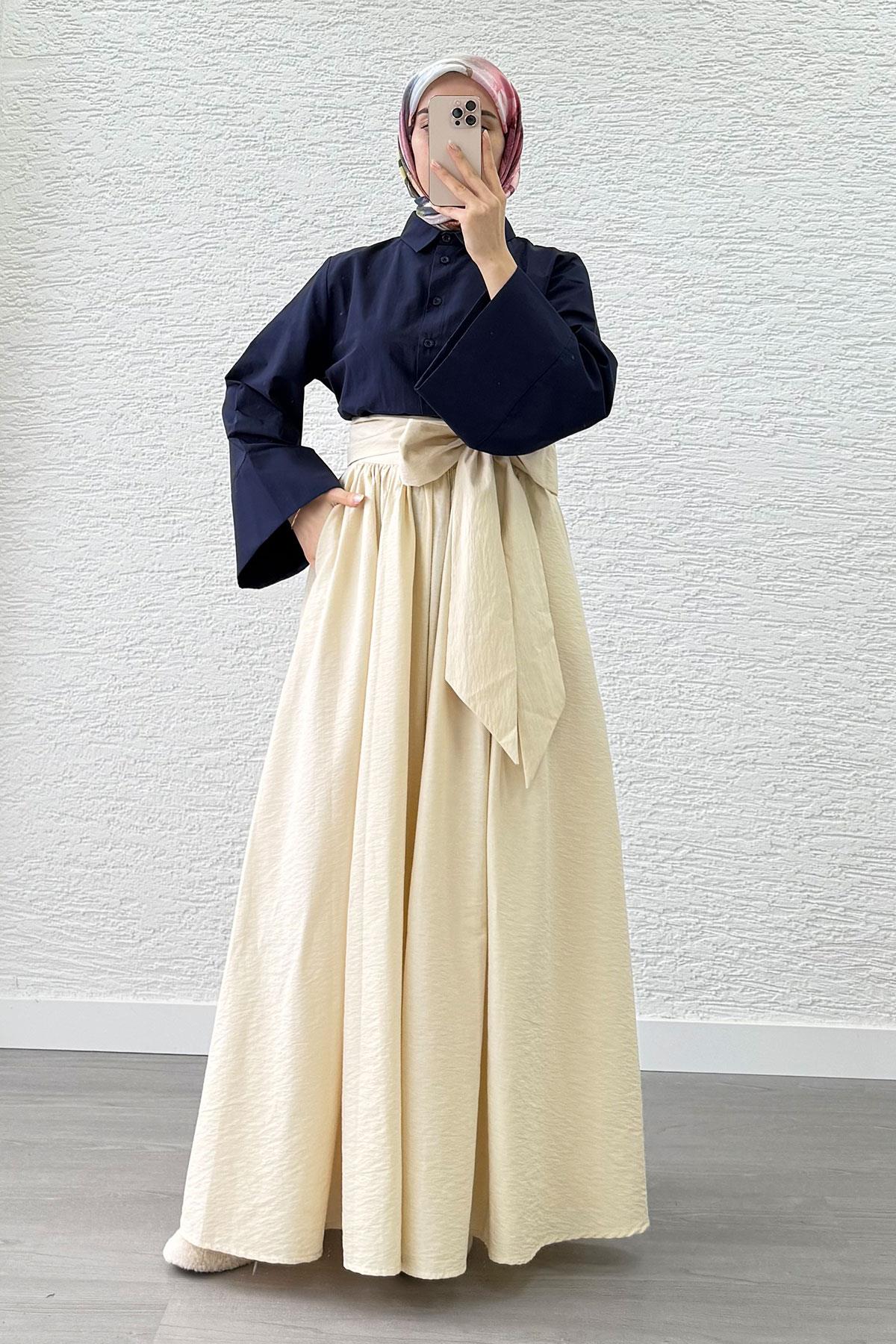 Minimalist Oversize Yarasa Kol Poplin Kadın Gömlek - Lacivert