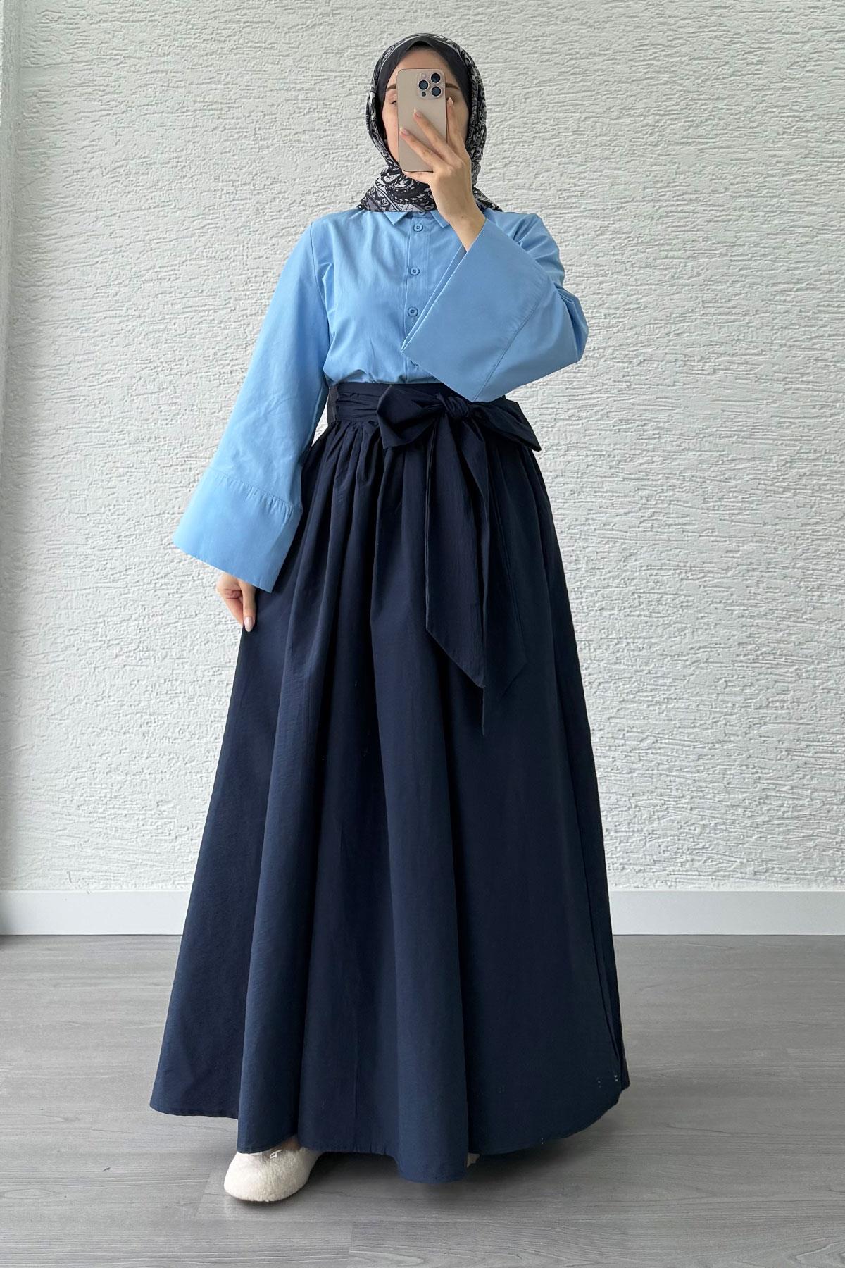 Minimalist Oversize Yarasa Kol Poplin Kadın Gömlek - Mavi