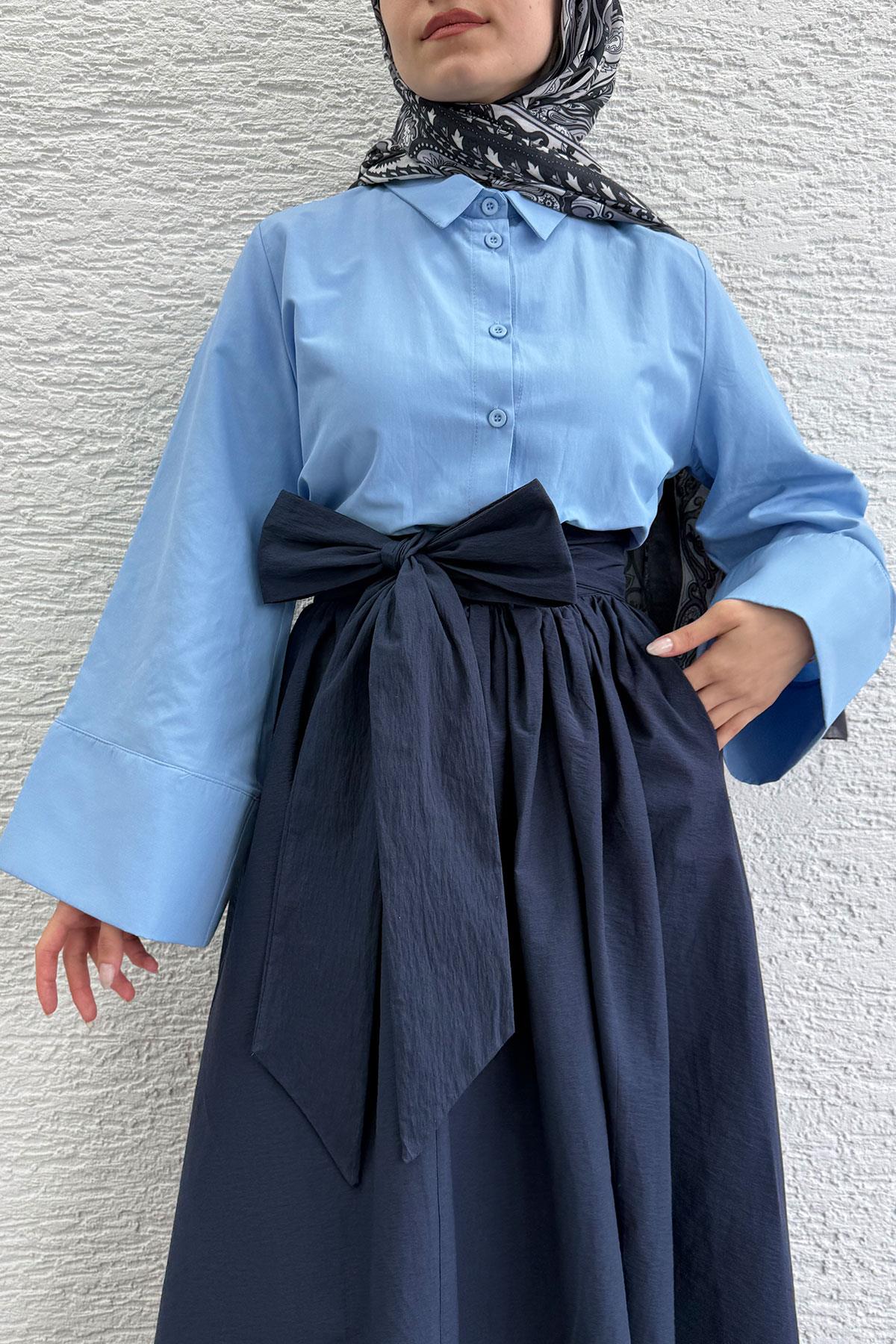Minimalist Oversize Yarasa Kol Poplin Kadın Gömlek - Mavi